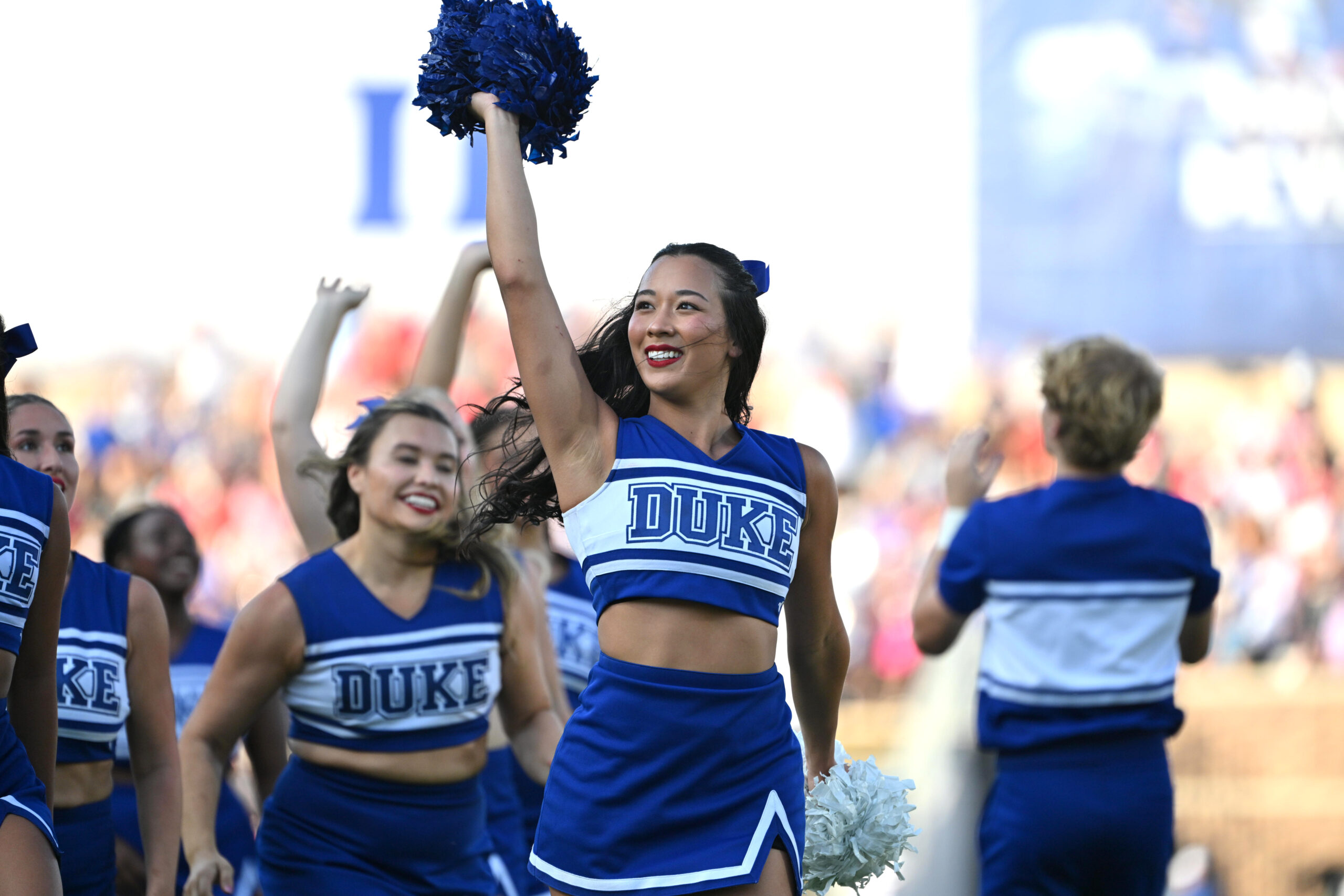 Sep 20, 2025; Durham, North Carolina, USA;  Duke Blue Devils cheerleader during the game against the NC State Wolfpack at Wallace Wade Stadium. Mandatory Credit: Zachary Taft-Imagn Images