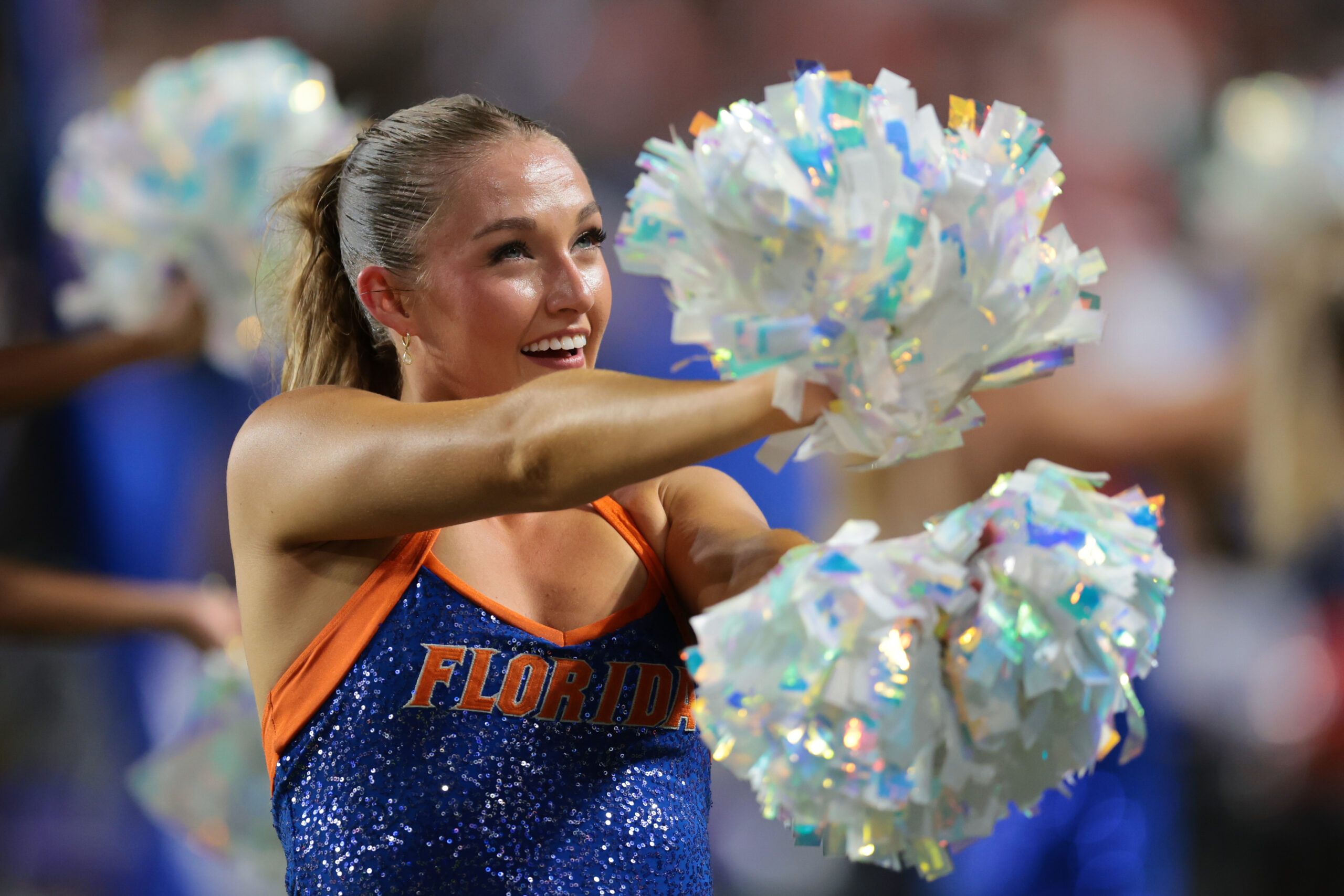 Sep 20, 2025; Miami Gardens, Florida, USA; A Florida Gators cheerleader performs during the game against the Miami Hurricanes at Hard Rock Stadium. Mandatory Credit: Sam Navarro-Imagn Images