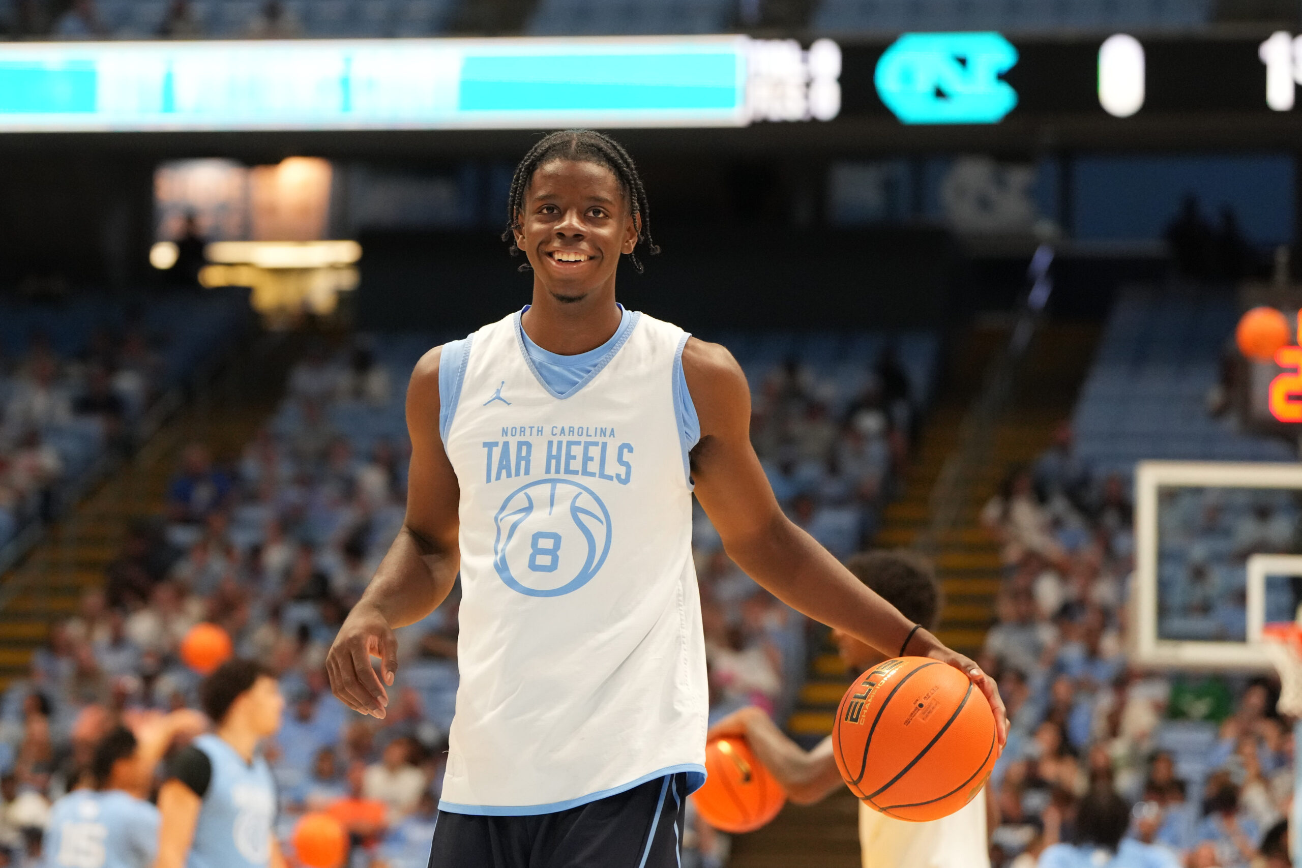 Oct 4, 2025; Charlotte, NC, USA; North Carolina Tar Heels forward Caleb Wilson (8) warms up before the game at Dean E. Smith Center. Mandatory Credit: Bob Donnan-Imagn Images