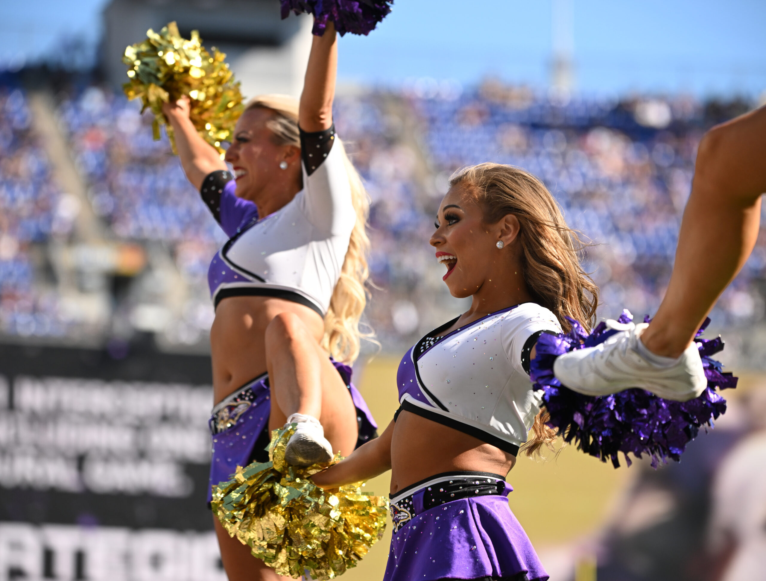 Oct 5, 2025; Baltimore, Maryland, USA; Baltimore Ravens cheerleaders perform during the third quarter against the Houston Texans at M&T Bank Stadium. Mandatory Credit: Rafael Suanes-Imagn Images