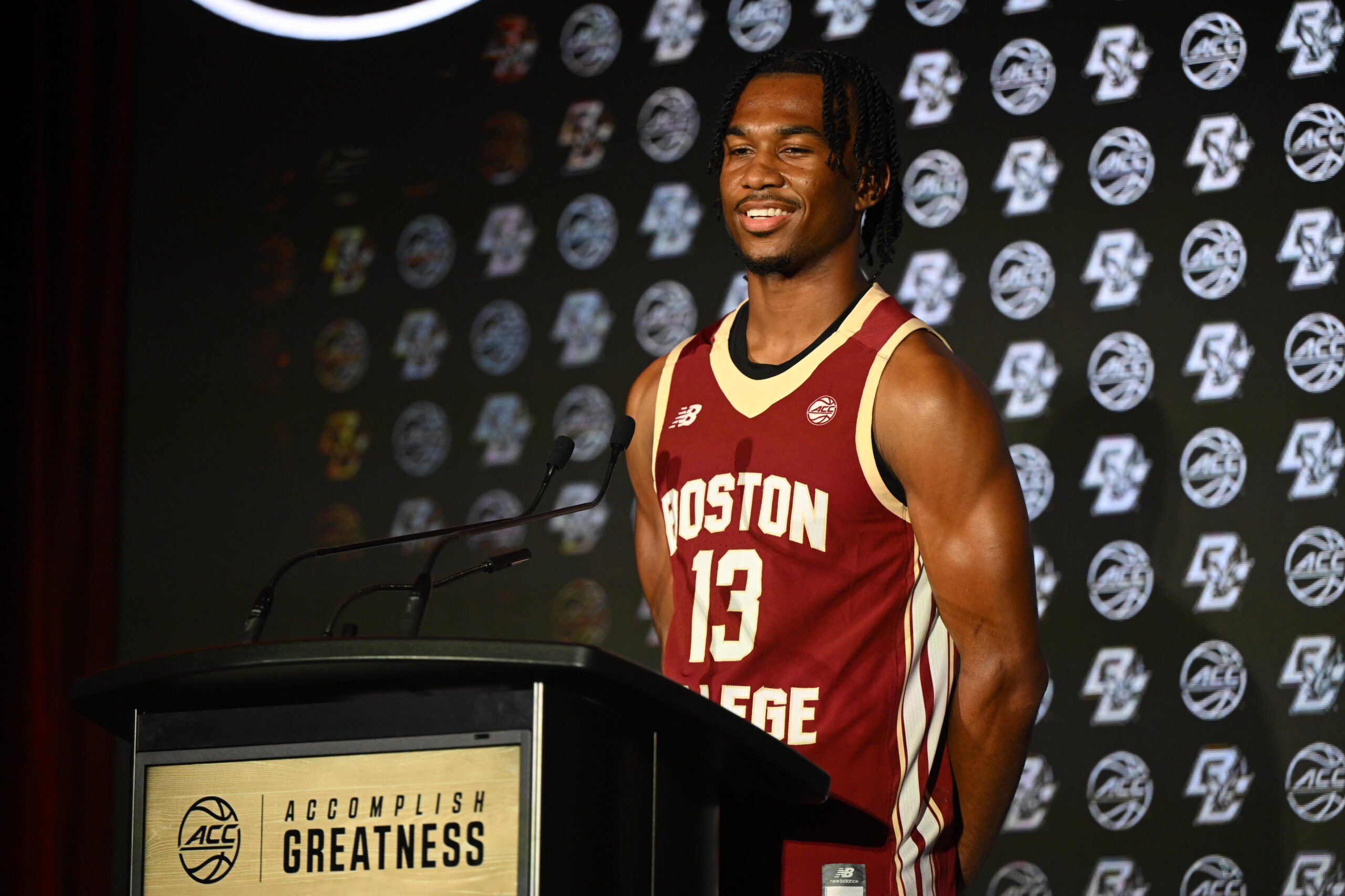 Oct 8, 2025; Charlotte, NC, USA; Boston College player Donald Hand Jr. answers questions from the media at The Hilton Charlotte Uptown. Mandatory Credit: William Howard-Imagn Images