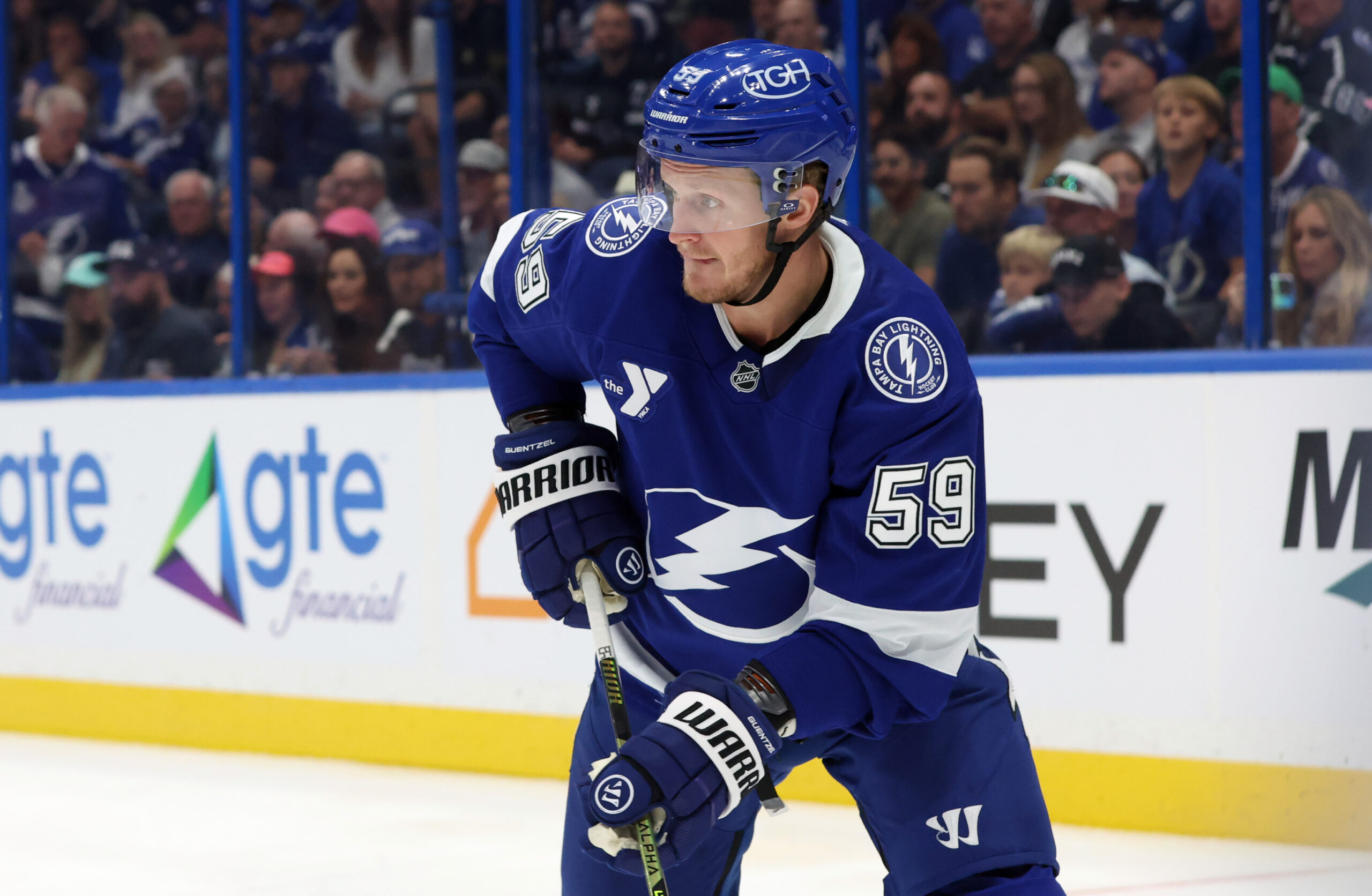 Oct 9, 2025; Tampa, Florida, USA;Tampa Bay Lightning center Jake Guentzel (59) skates with the puck against the Ottawa Senators during the third period at Benchmark International Arena. Mandatory Credit: Kim Klement Neitzel-Imagn Images