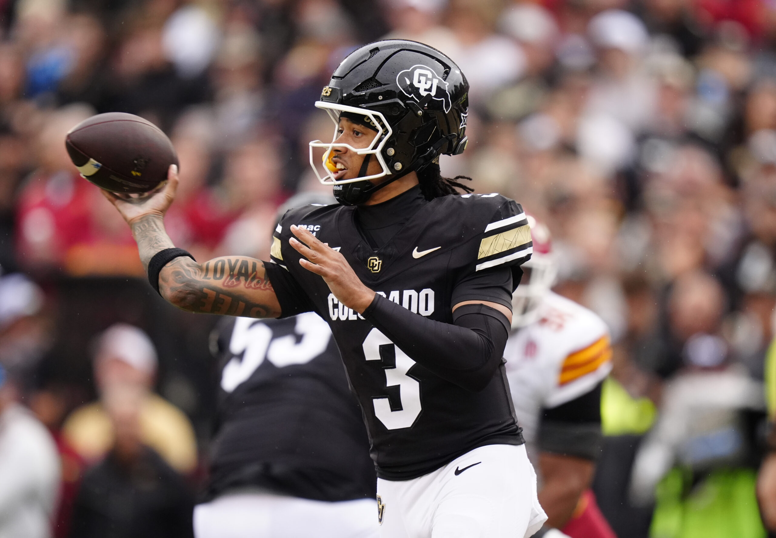 Oct 11, 2025; Boulder, Colorado, USA; Colorado Buffaloes quarterback Kaidon Salter (3) passes the ball in the first quarter against the Iowa State Cyclones at Folsom Field. Mandatory Credit: Ron Chenoy-Imagn Images