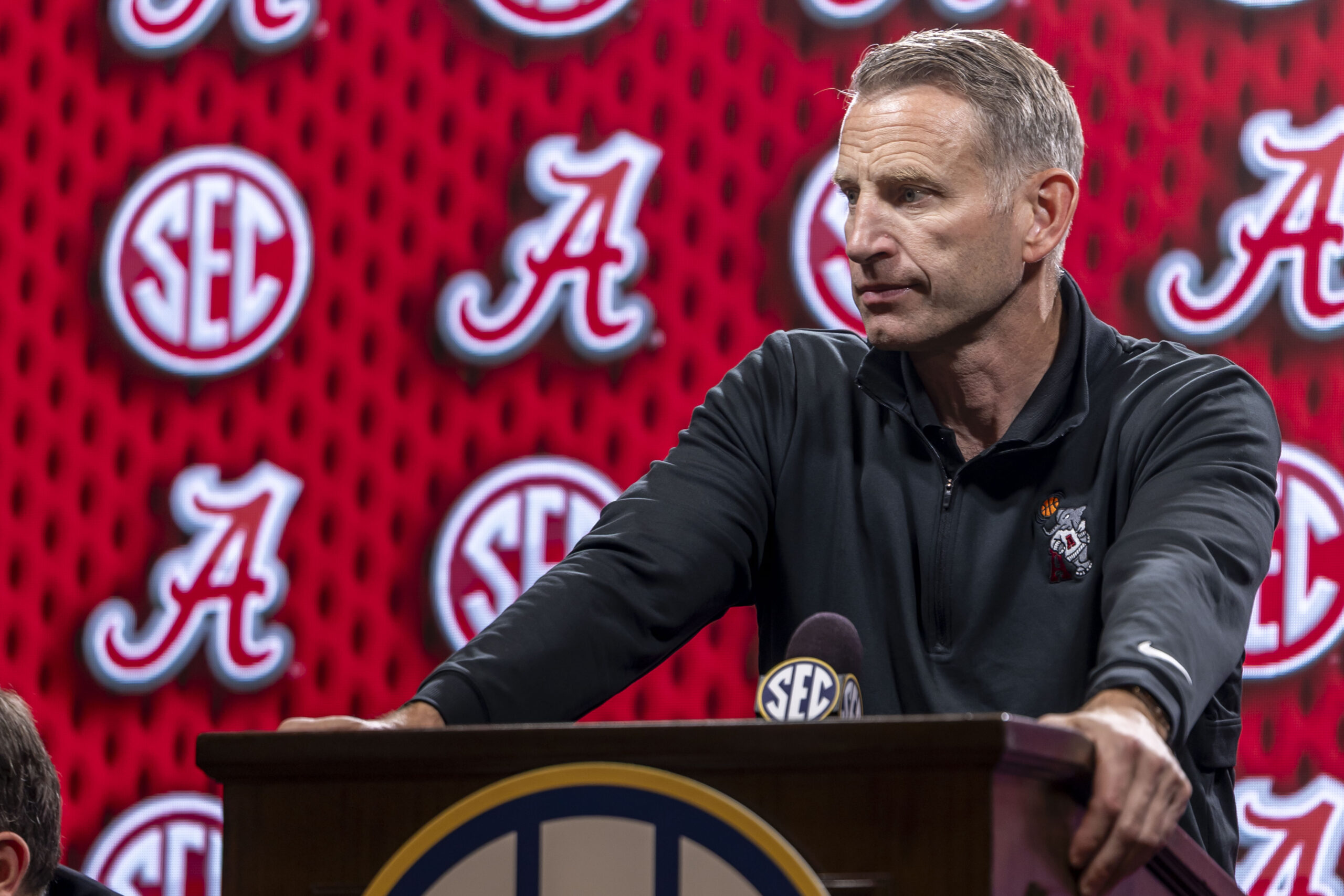 Oct 14, 2025; Birmingham, AL, USA; Alabama Crimson Tide head coach Nate Oats talks with the media during SEC Media Days at Grand Bohemian Hotel. Mandatory Credit: Vasha Hunt-Imagn Images