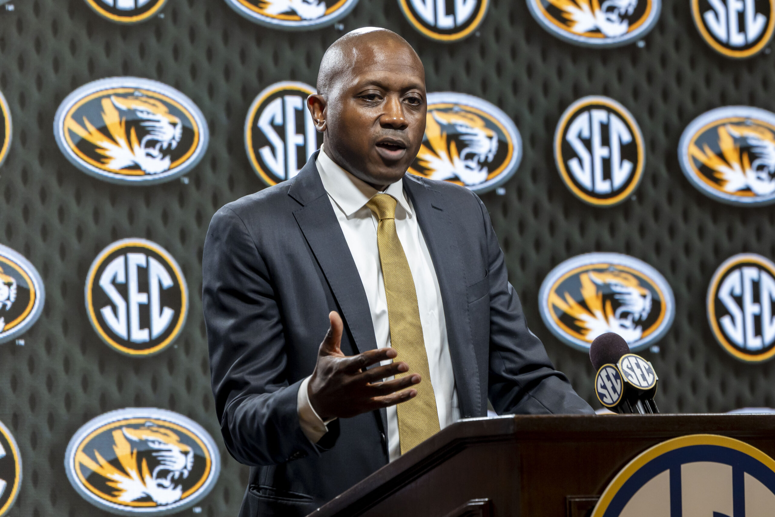 Oct 15, 2025; Birmingham, AL, USA; Missouri Tigers head coach Dennis Gates talks with the media during SEC Media Days at Grand Bohemian Hotel. Mandatory Credit: Vasha Hunt-Imagn Images