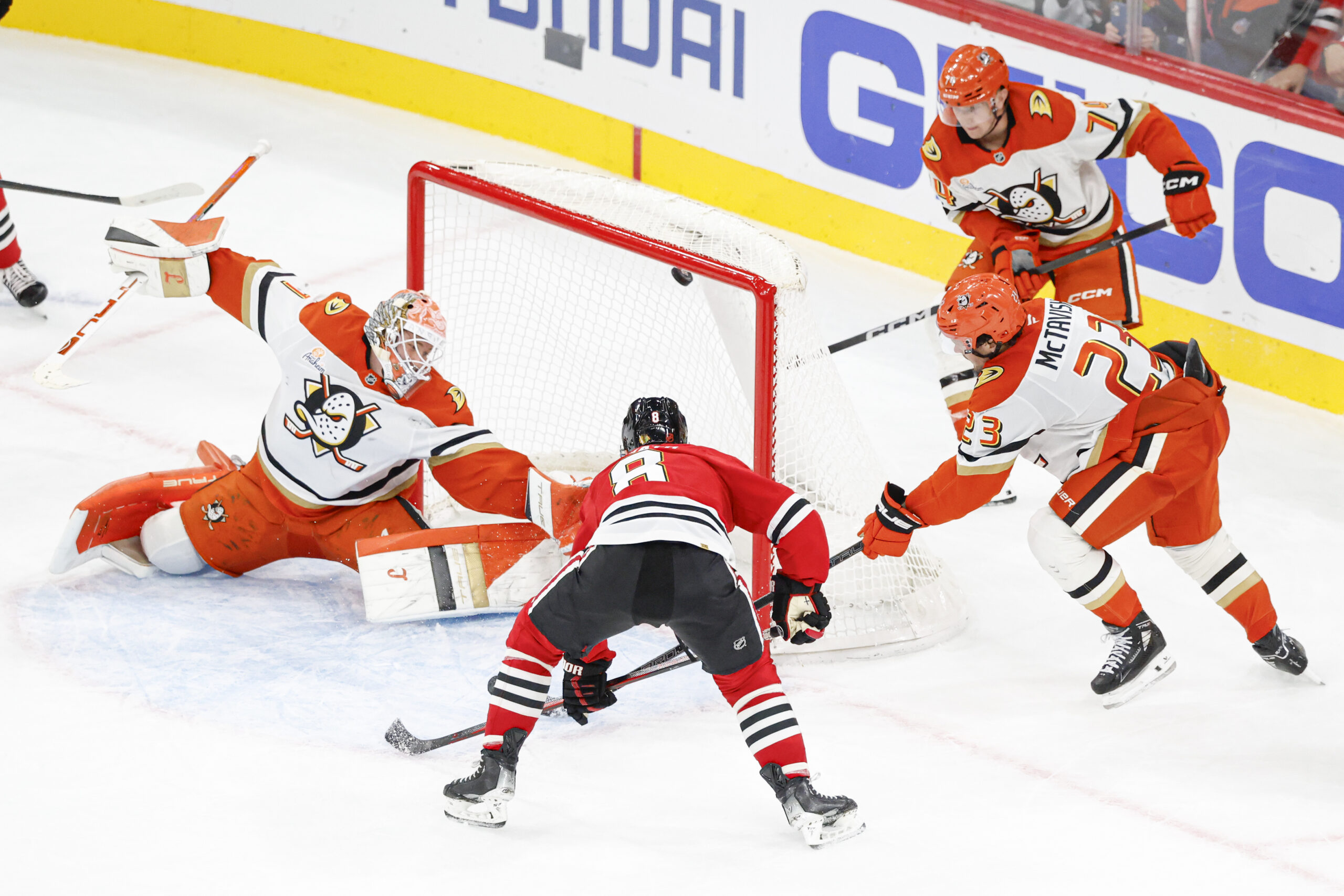 Oct 19, 2025; Chicago, Illinois, USA; Chicago Blackhawks center Ryan Donato (8) scores in overtime a game winning goal against the Anaheim Ducks at United Center. Mandatory Credit: Kamil Krzaczynski-Imagn Images