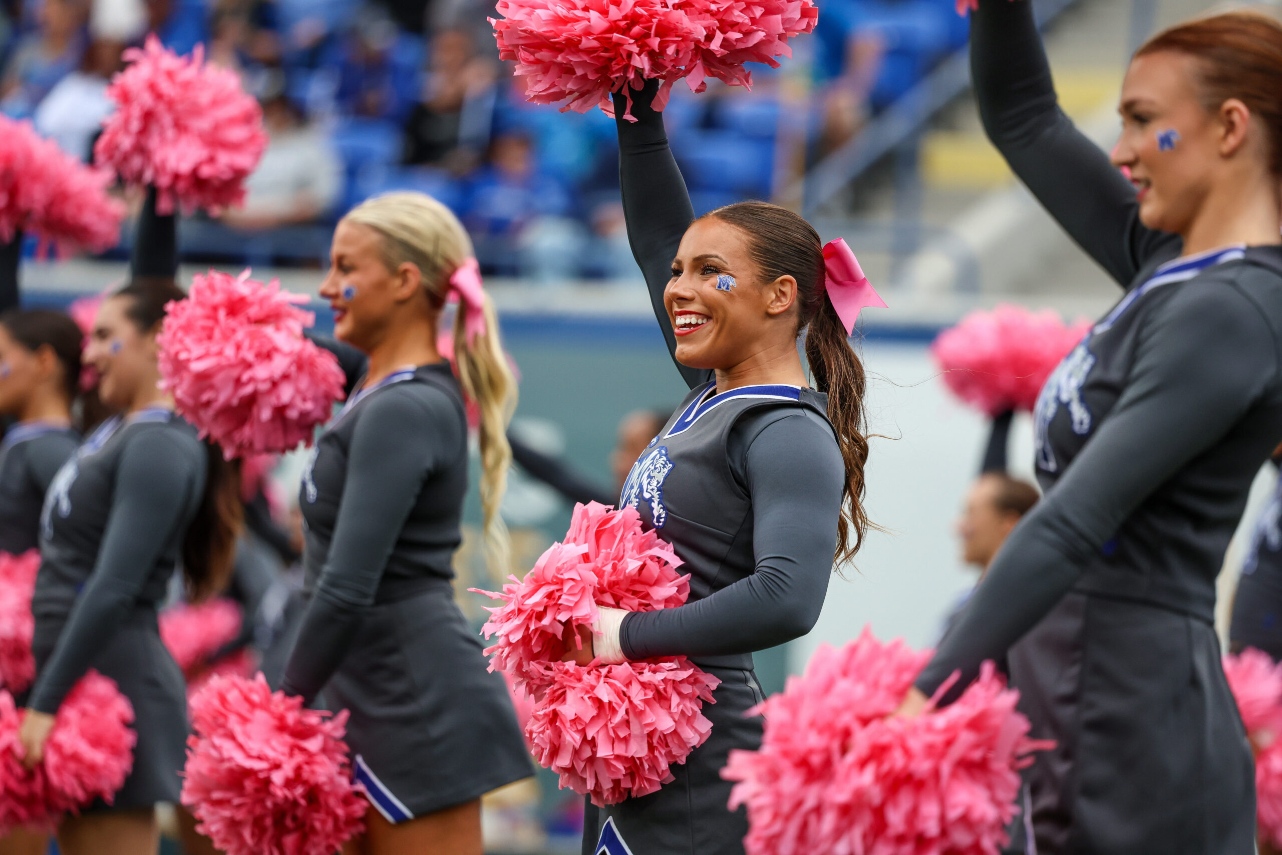 Oct 25, 2025; Memphis, Tennessee, USA; Memphis Tigers cheerleaders perform during the second half against the South Florida Bulls at Simmons Bank Liberty Stadium. Mandatory Credit: Wesley Hale-Imagn Images