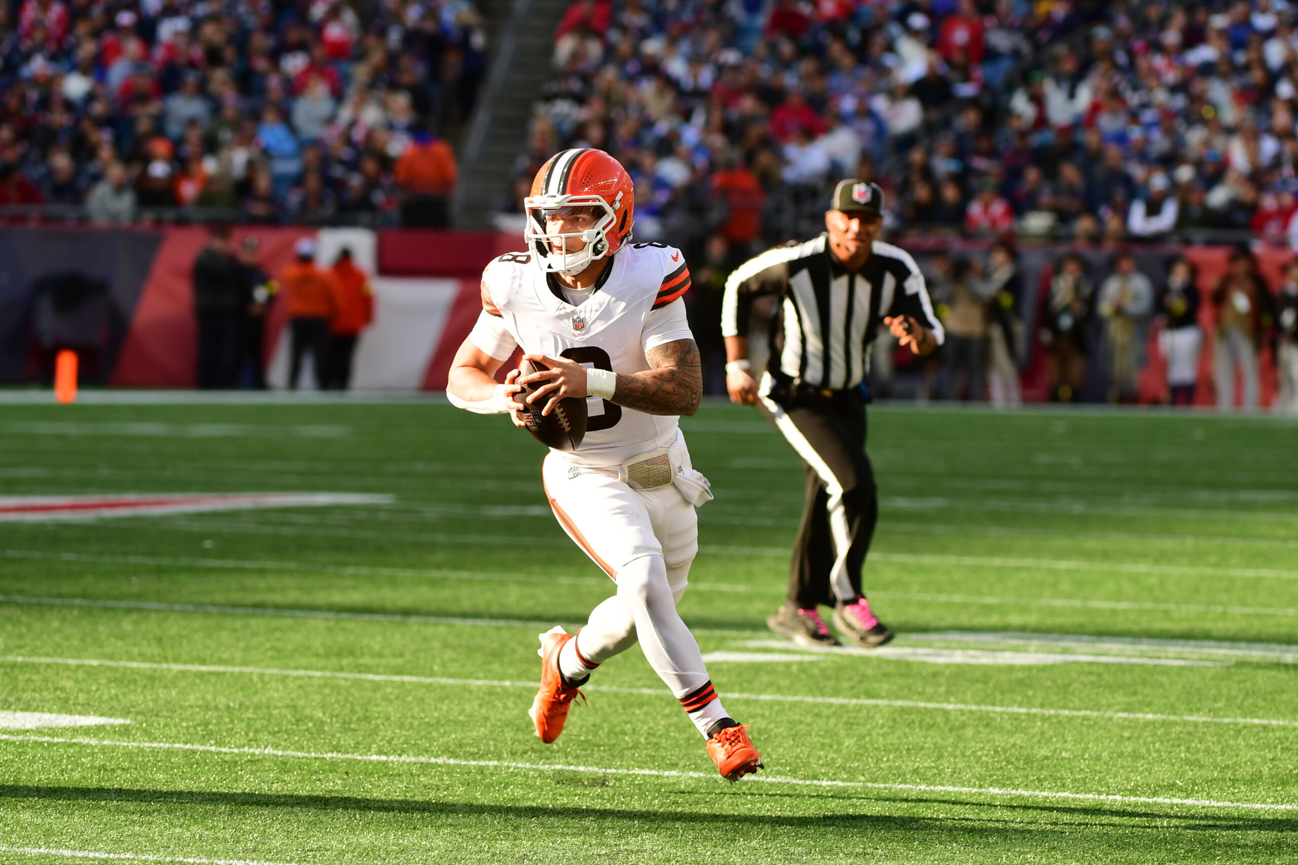 Oct 26, 2025; Foxborough, Massachusetts, USA; Cleveland Browns quarterback Dillon Gabriel (8) runs with the ball during the fourth quarter against the New England Patriots at Gillette Stadium. Mandatory Credit: Bob DeChiara-Imagn Images