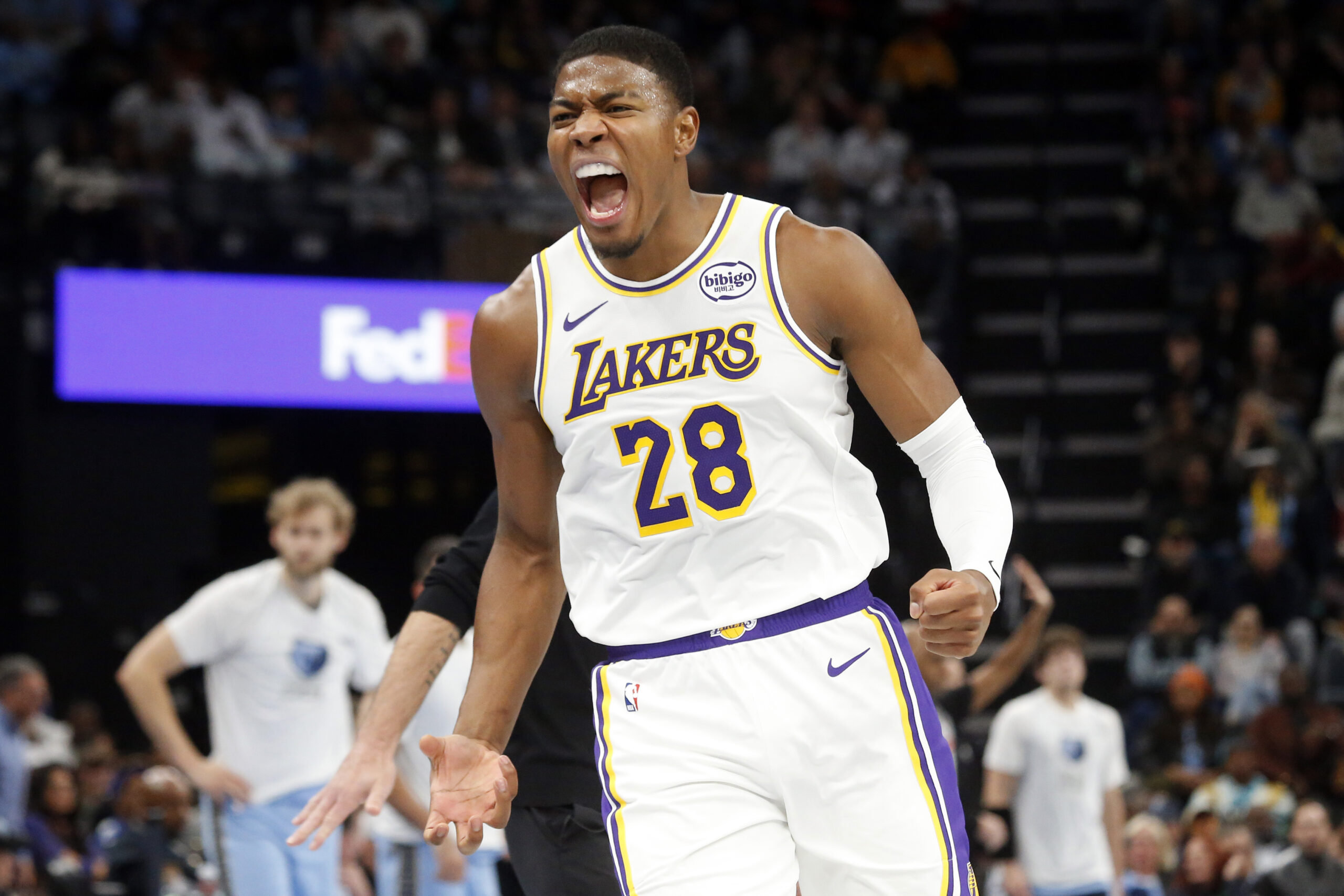 Oct 31, 2025; Memphis, Tennessee, USA; Los Angeles Lakers forward Rui Hachimura (28) reacts during the fourth quarter against the Memphis Grizzlies at FedExForum. Mandatory Credit: Petre Thomas-Imagn Images