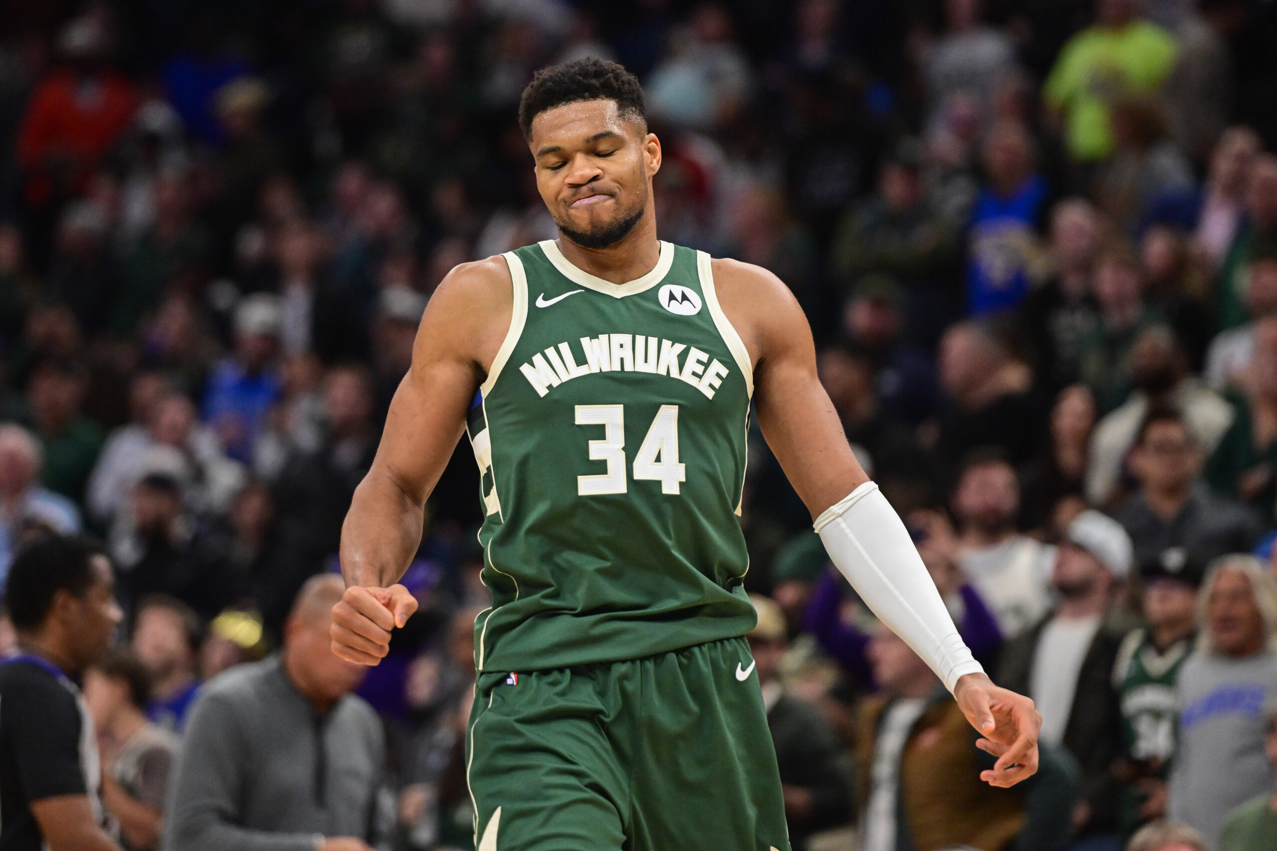 Nov 1, 2025; Milwaukee, Wisconsin, USA; Milwaukee Bucks forward Giannis Antetokounmpo (34) reacts after missing a shot late in the fourth quarter against the Sacramento Kings at Fiserv Forum. Mandatory Credit: Benny Sieu-Imagn Images