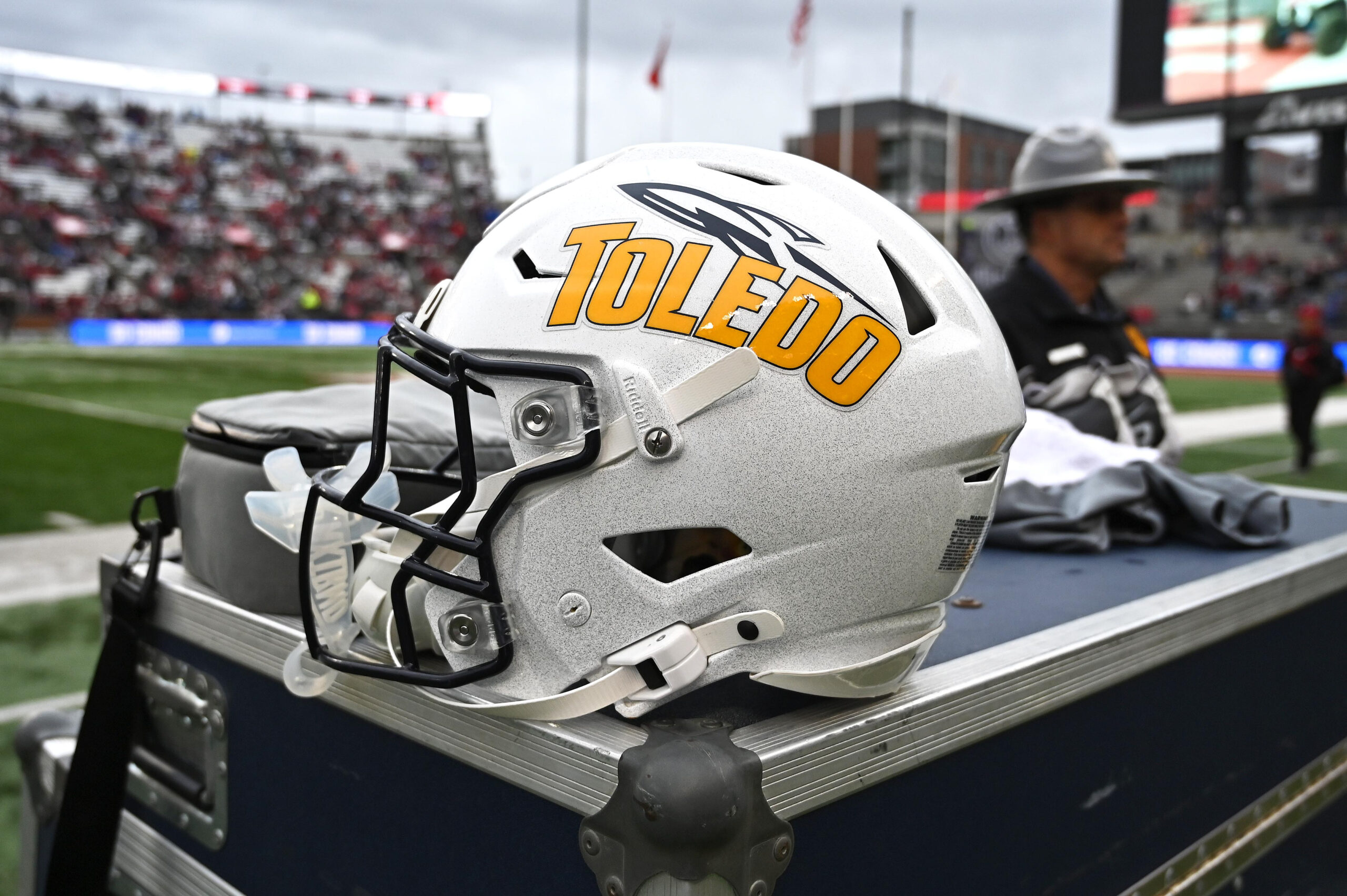 Oct 25, 2025; Pullman, Washington, USA; Toledo Rockets helmet sits during a game against the Washington State Cougars in the second half at Gesa Field at Martin Stadium. Mandatory Credit: James Snook-Imagn Images