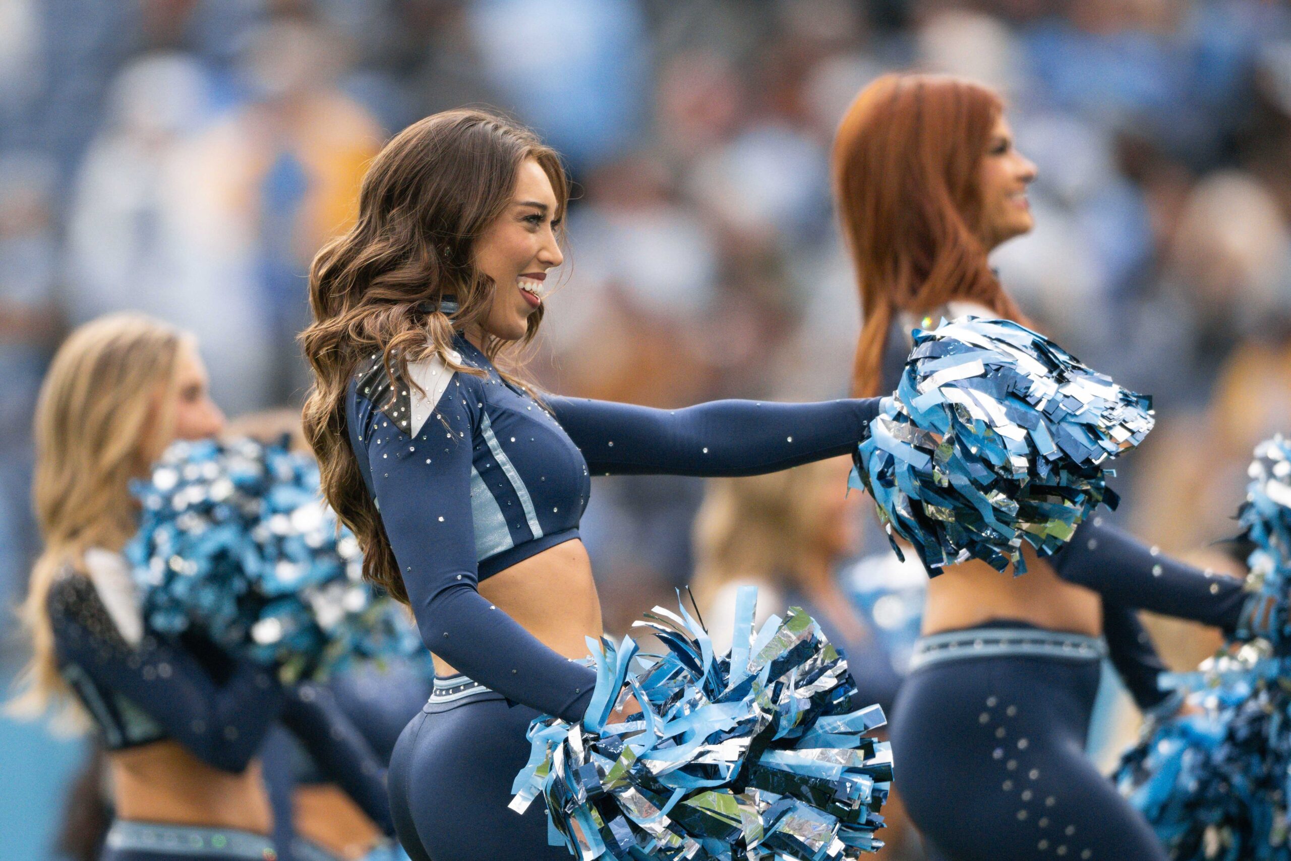 Nov 2, 2025; Nashville, Tennessee, USA; Tennessee Titans cheerleaders against the Los Angeles Chargers during the first half at Nissan Stadium. Mandatory Credit: Steve Roberts-Imagn Images