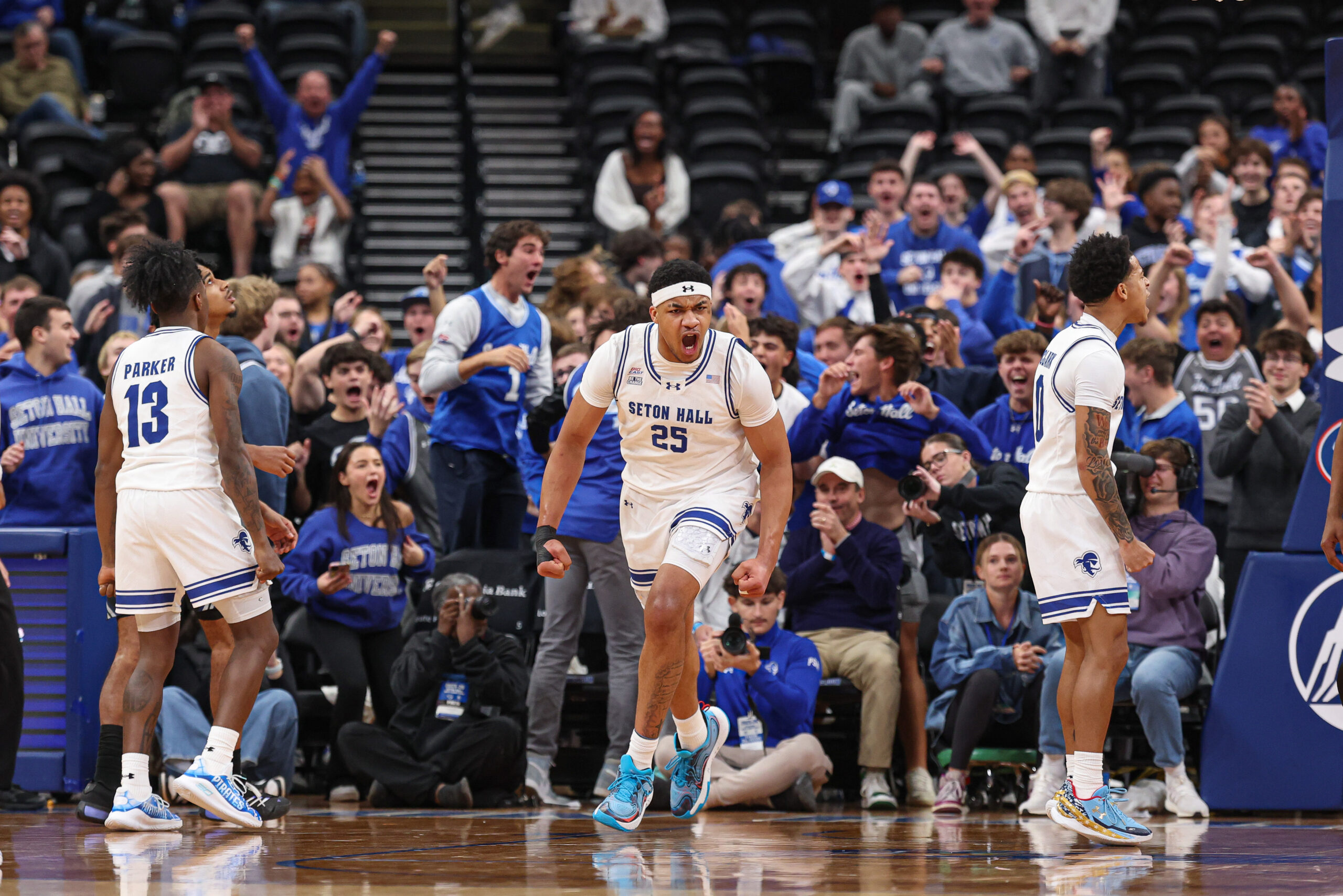 Nov 3, 2025; Newark, New Jersey, USA; Seton Hall Pirates center Najai Hines (25) reacts after dunk during the first half against the Saint Peter's Peacocks at Prudential Center. Mandatory Credit: Vincent Carchietta-Imagn Images