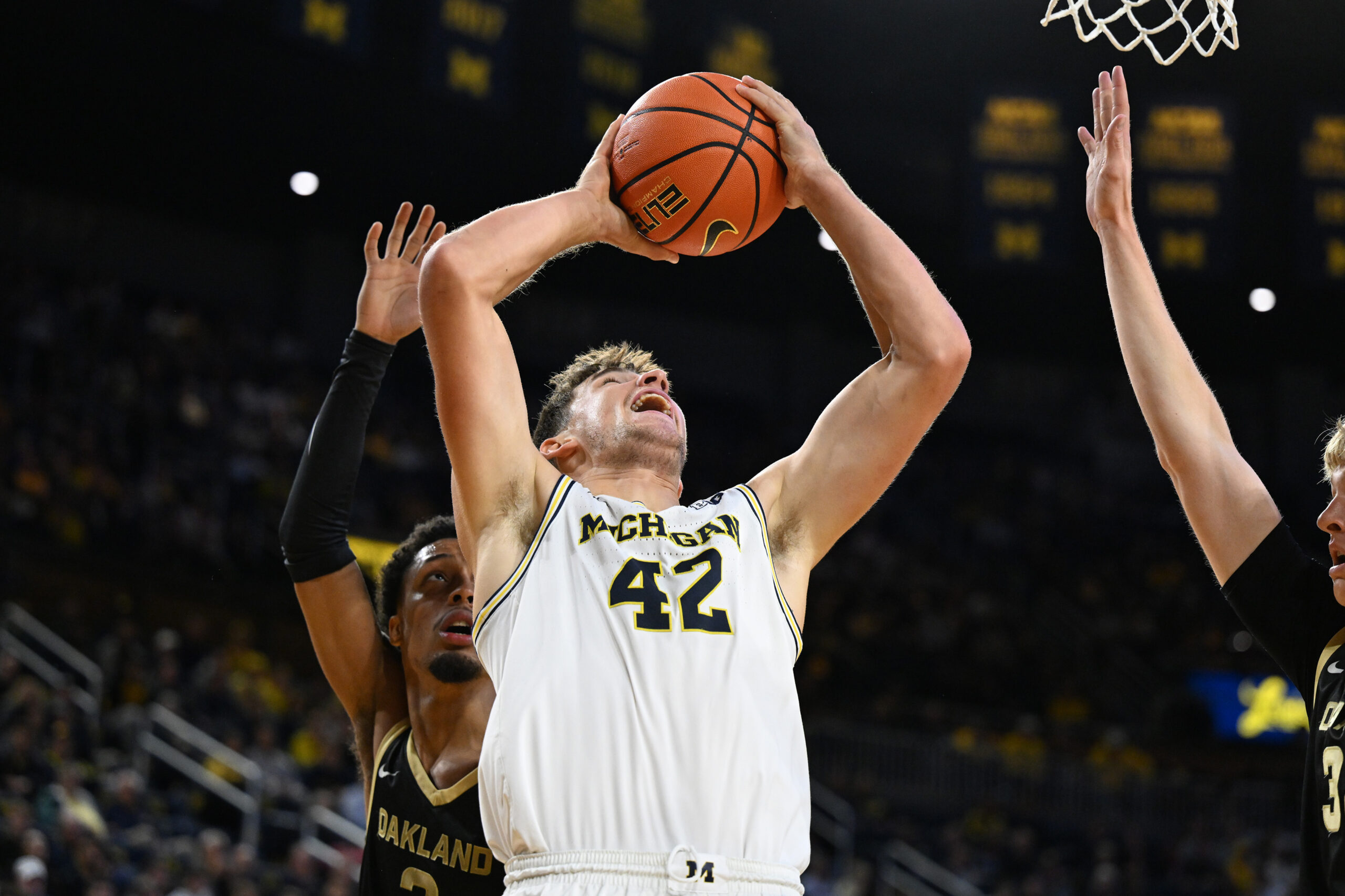 Nov 3, 2025; Ann Arbor, Michigan, USA; Michigan Wolverines forward Will Tschetter (42) drives against the Oakland Golden Grizzlies in the first half at Crisler Center. Mandatory Credit: Lon Horwedel-Imagn Images