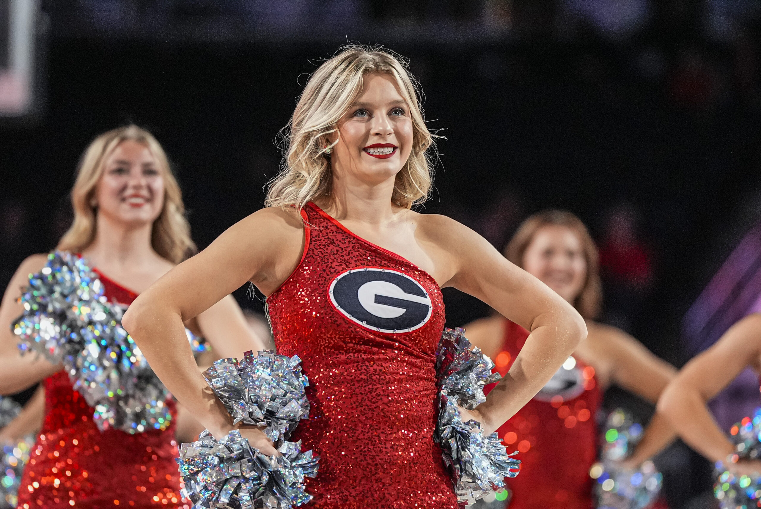 Nov 3, 2025; Athens, Georgia, USA; Georgia Bulldogs cheerleaders and dancers during the game against the Bellarmine Knights during the second half at Stegeman Coliseum. Mandatory Credit: Dale Zanine-Imagn Images