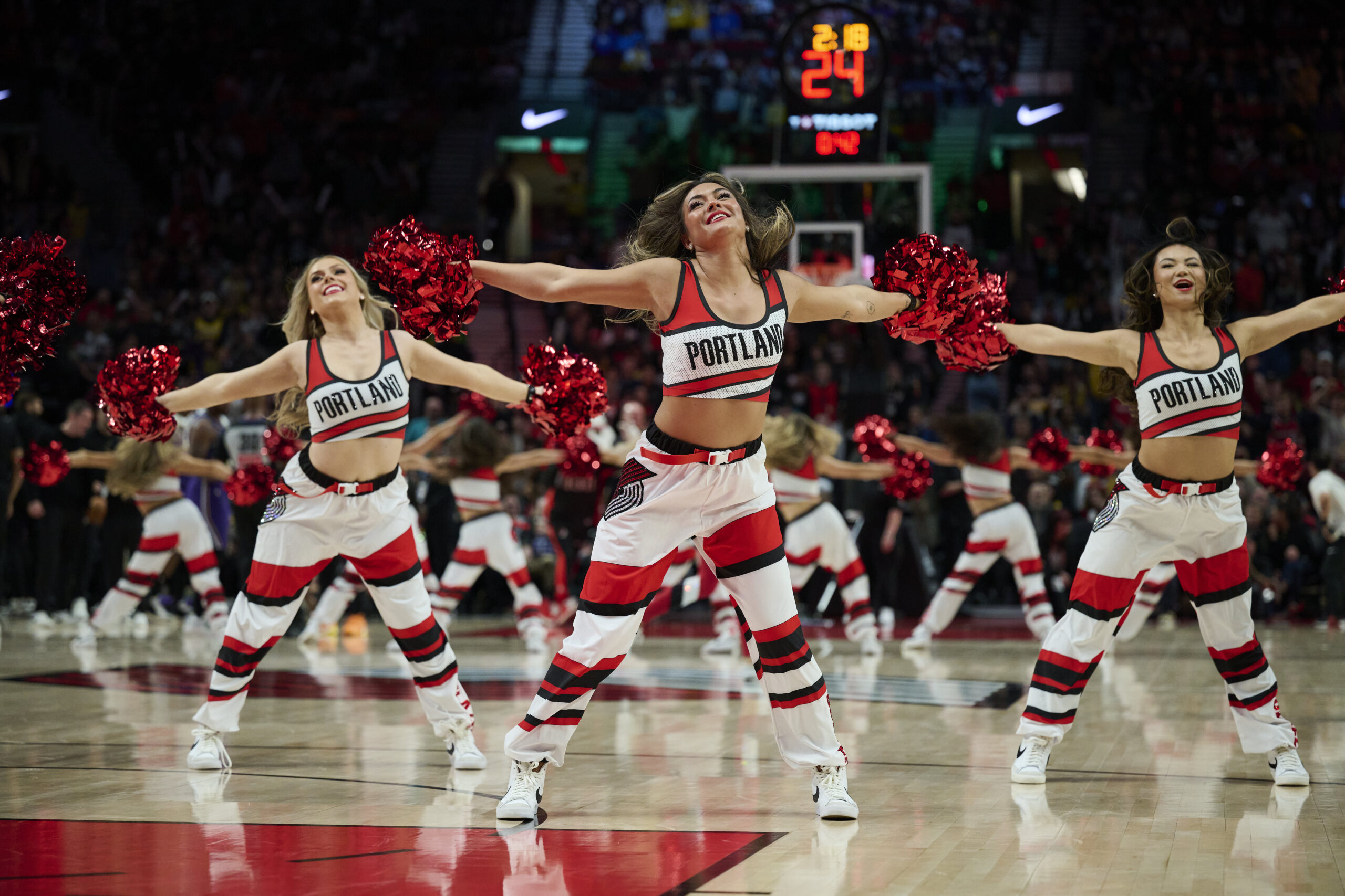 Nov 3, 2025; Portland, Oregon, USA; The Blazer Dancers perform during a time out during the second half in a game between the Portland Trail Blazers and the Los Angeles Lakers at Moda Center. Mandatory Credit: Troy Wayrynen-Imagn Images