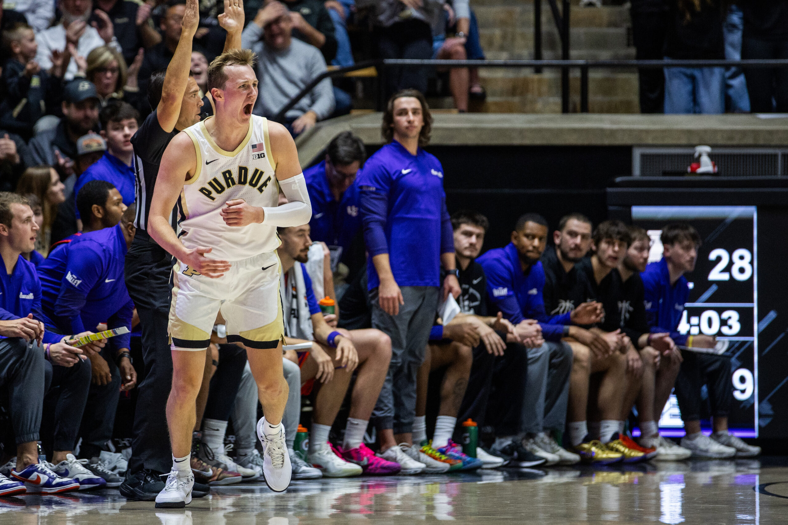 Nov 4, 2025; West Lafayette, Indiana, USA; Purdue Boilermakers guard Fletcher Loyer (2) celebrates a made basket in the first half against the Evansville Purple Aces at Mackey Arena. Mandatory Credit: Trevor Ruszkowski-Imagn Images