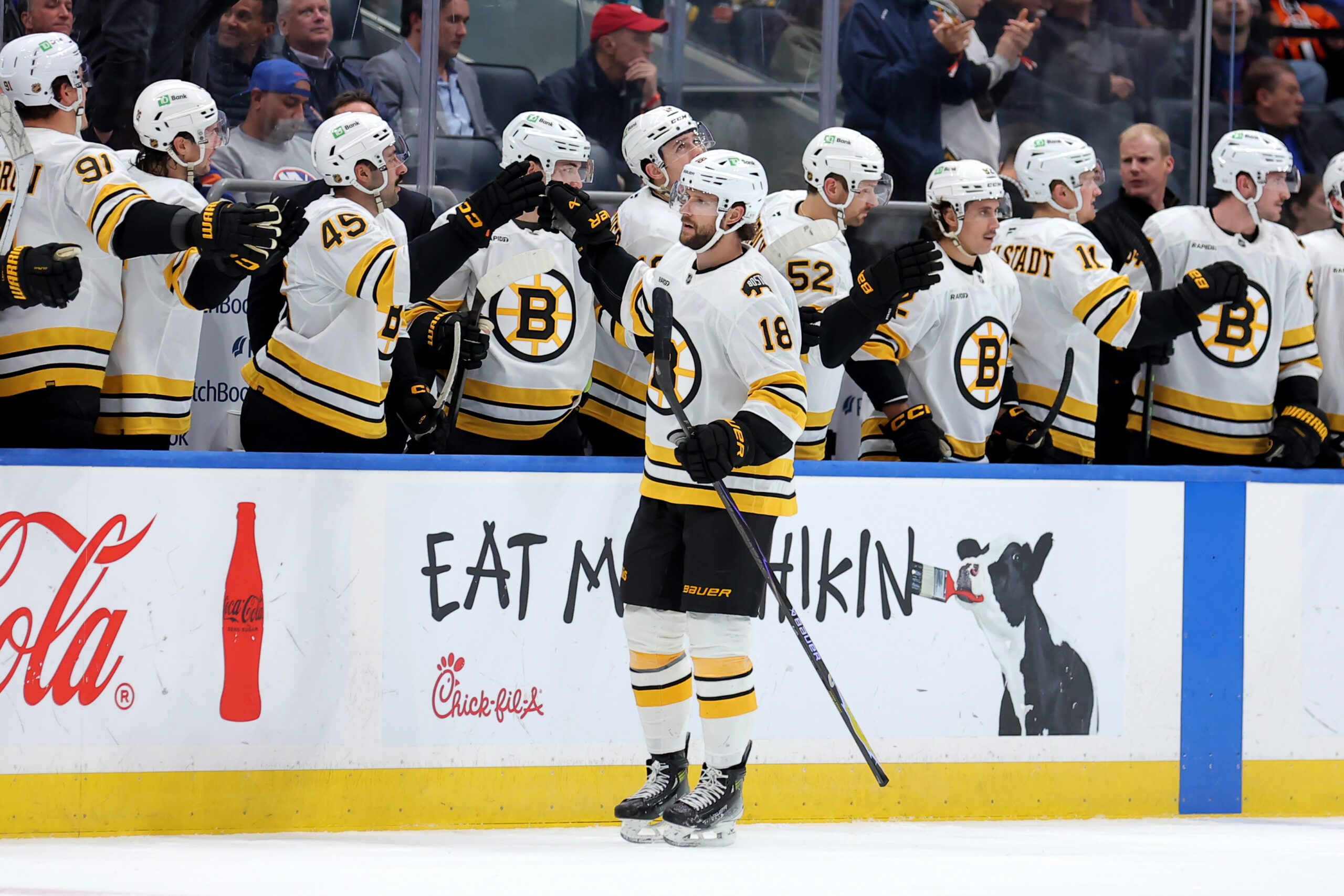 Nov 4, 2025; Elmont, New York, USA; Boston Bruins center Pavel Zacha (18) celebrates his goal against the New York Islanders with teammates during the second period at UBS Arena. Mandatory Credit: Brad Penner-Imagn Images