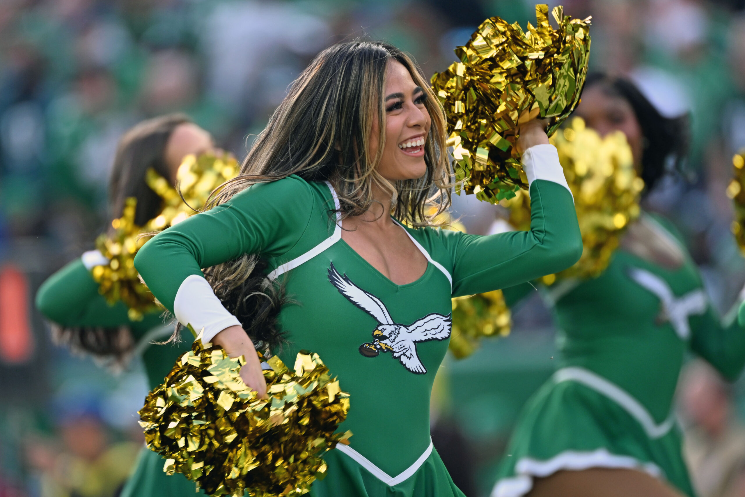 Oct 26, 2025; Philadelphia, Pennsylvania, USA; Philadelphia Eagles cheerleader performs against the New York Giants at Lincoln Financial Field. Mandatory Credit: Eric Hartline-Imagn Images