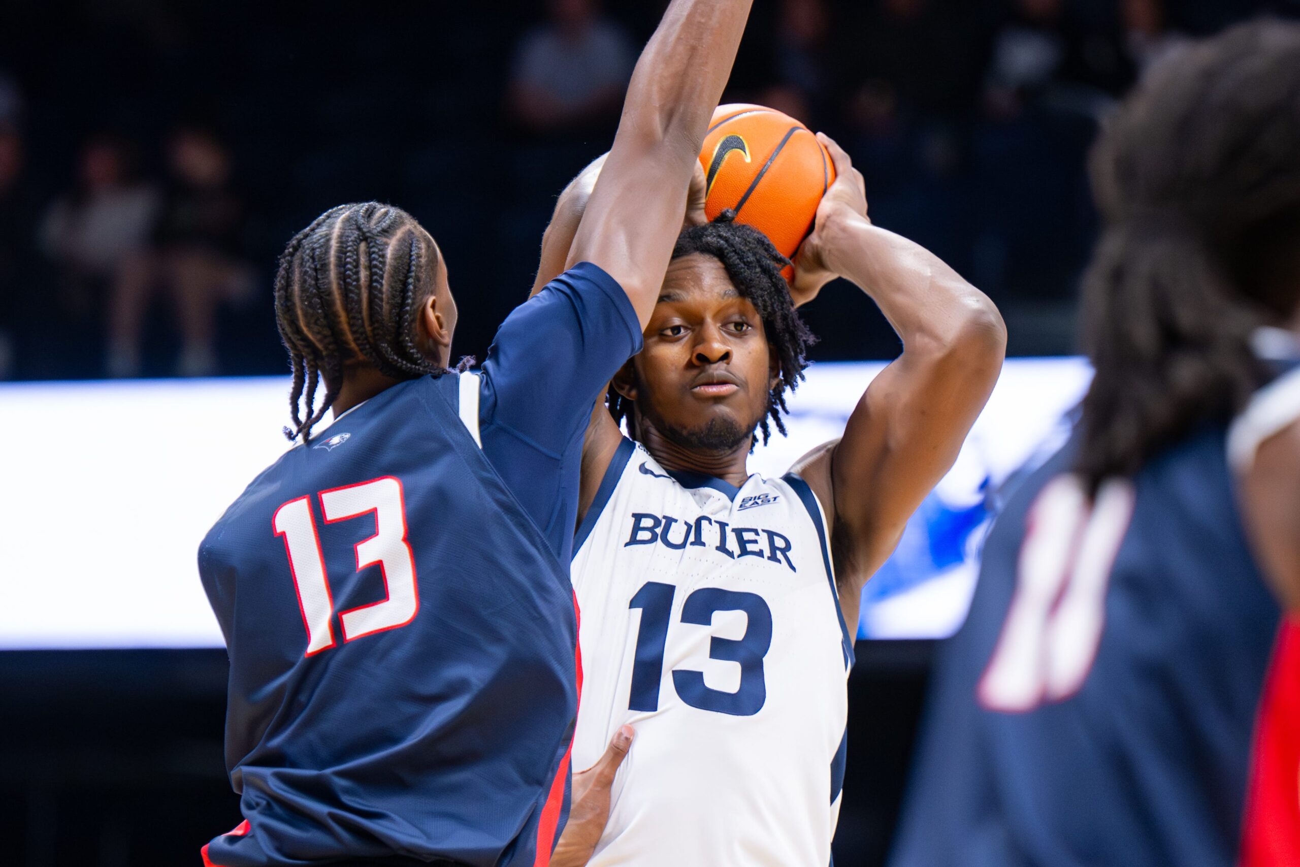 Butler Bulldogs center Drayton Jones (13) looks to pass during the first half of an NCAA basketball game against the Southern Indiana Screaming Eagles, Wednesday, Nov. 5, 2025, at Hinkle Fieldhouse.