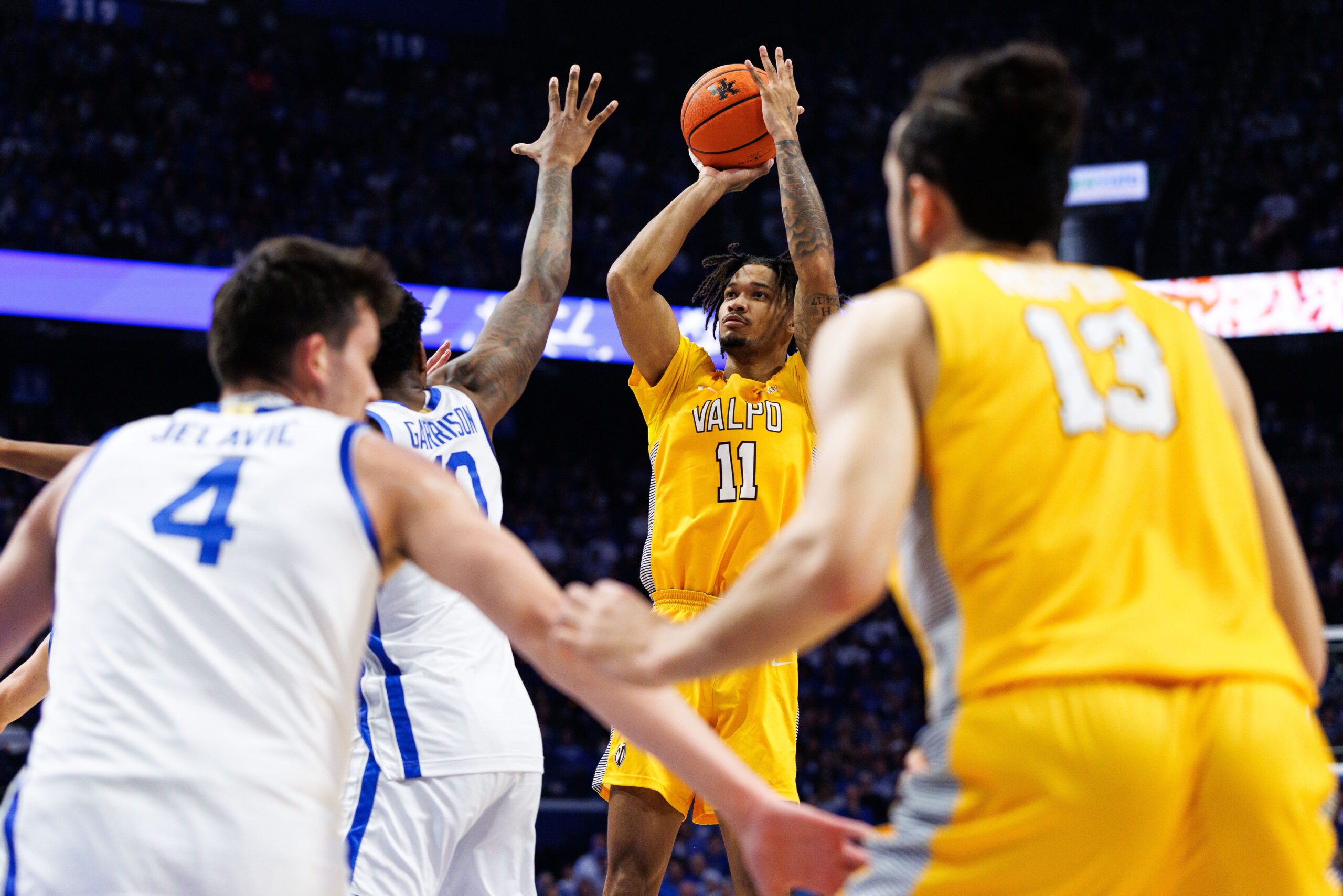 Nov 7, 2025; Lexington, Kentucky, USA; Valparaiso Beacons forward Isaiah Barnes (11) shoots the ball during the first half against the Kentucky Wildcats at Rupp Arena at Central Bank Center. Mandatory Credit: Jordan Prather-Imagn Images