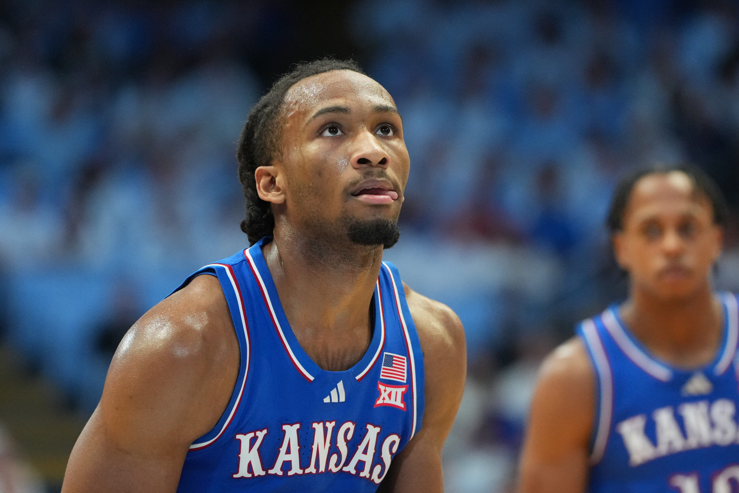 Nov 7, 2025; Chapel Hill, North Carolina, USA;  Kansas Jayhawks guard Darryn Peterson (22) at the free throw line in the first half at Dean E. Smith Center. Mandatory Credit: Bob Donnan-Imagn Images