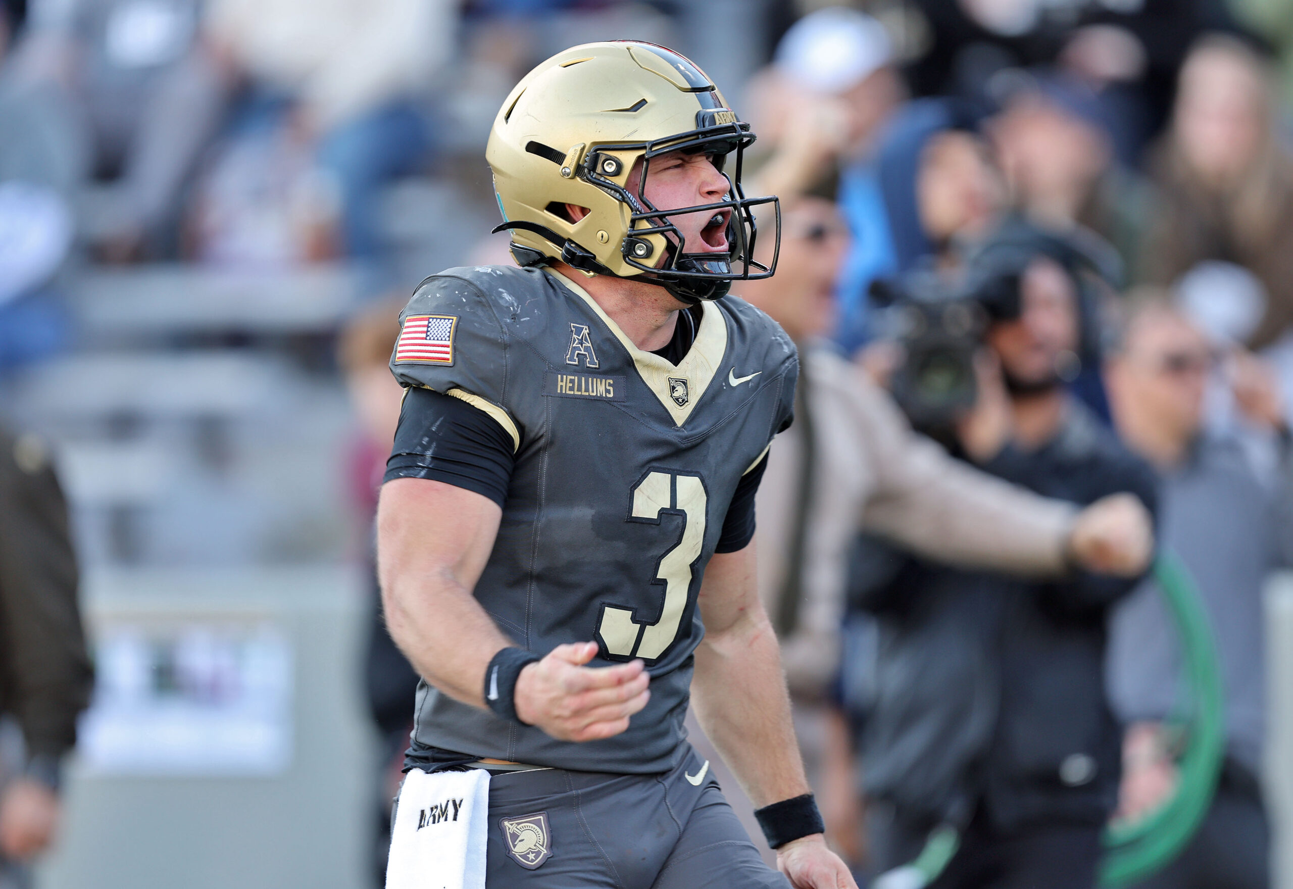 Nov 8, 2025; West Point, New York, USA; Army Black Knights quarterback Cale Hellums (3) celebrates against the Temple Owls during the second half at Michie Stadium. Mandatory Credit: Danny Wild-Imagn Images