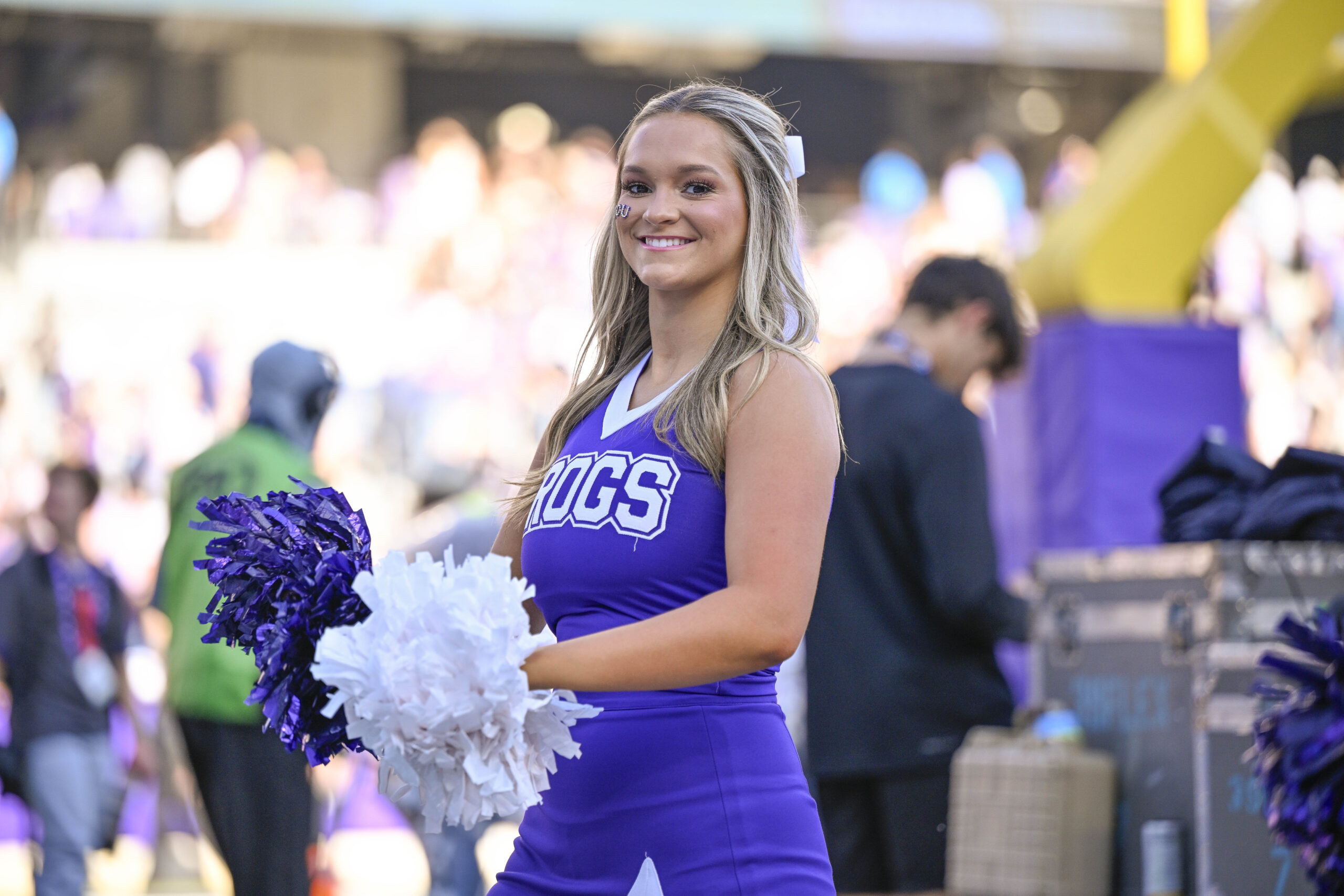 Nov 8, 2025; Fort Worth, Texas, USA; The TCU Horned Frogs cheerleaders cheer for the Frogs during the against the Iowa State Cyclones at Amon G. Carter Stadium. Mandatory Credit: Jerome Miron-Imagn Images