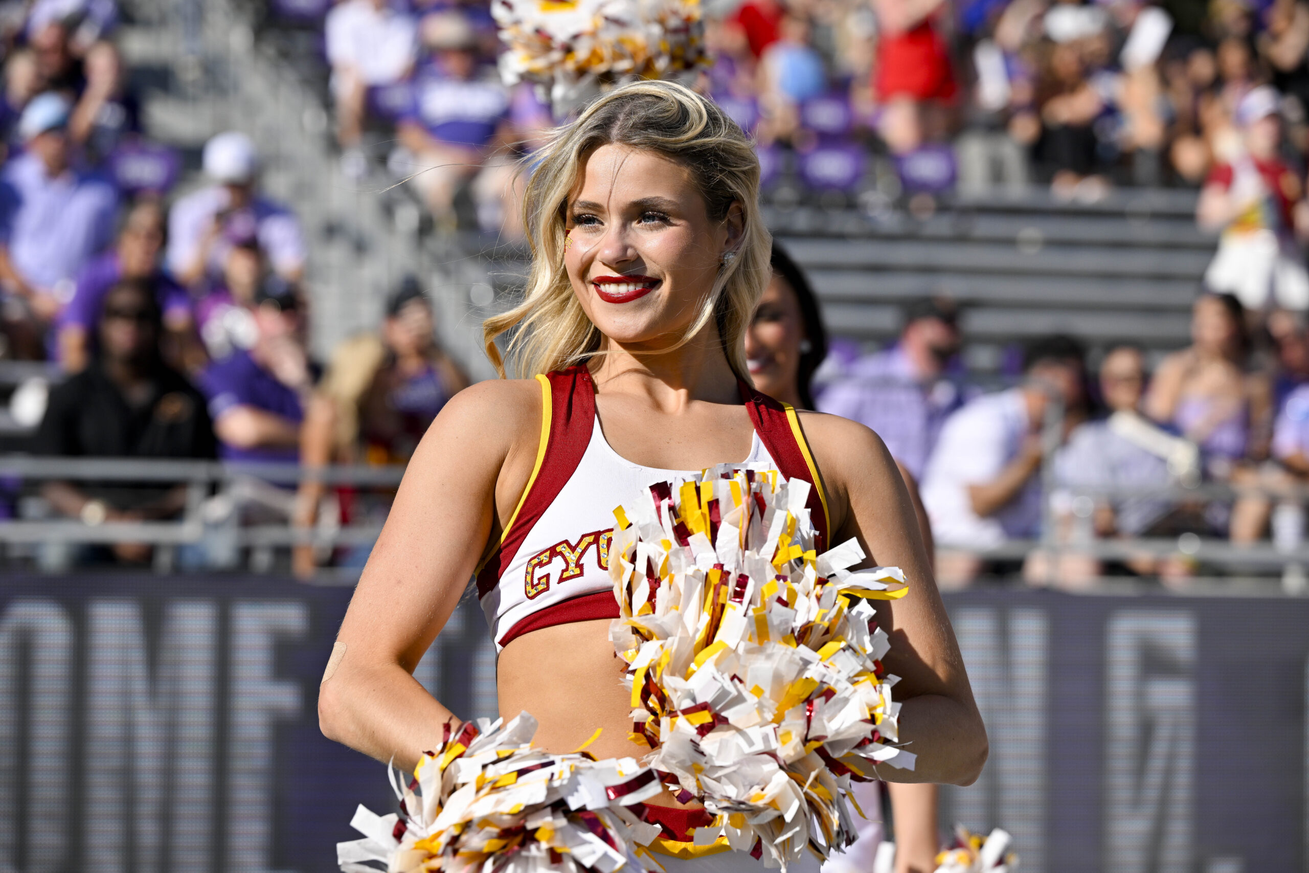 Nov 8, 2025; Fort Worth, Texas, USA; A view of the Iowa State Cyclones cheerleaders during the game against the TCU Horned Frogs at Amon G. Carter Stadium. Mandatory Credit: Jerome Miron-Imagn Images