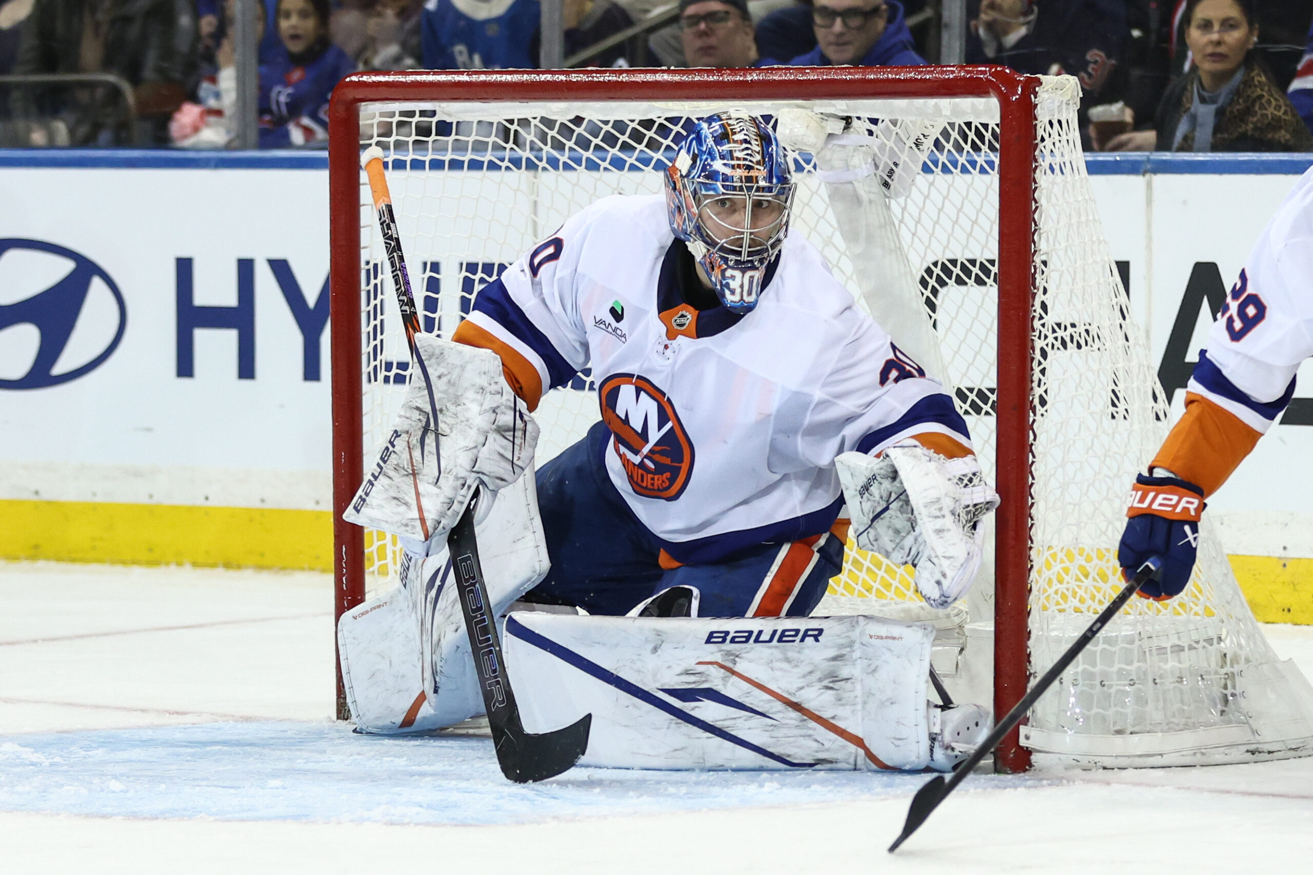 Nov 8, 2025; New York, New York, USA; New York Islanders goaltender Ilya Sorokin (30) defends the net in the third period against the New York Rangers at Madison Square Garden. Mandatory Credit: Wendell Cruz-Imagn Images