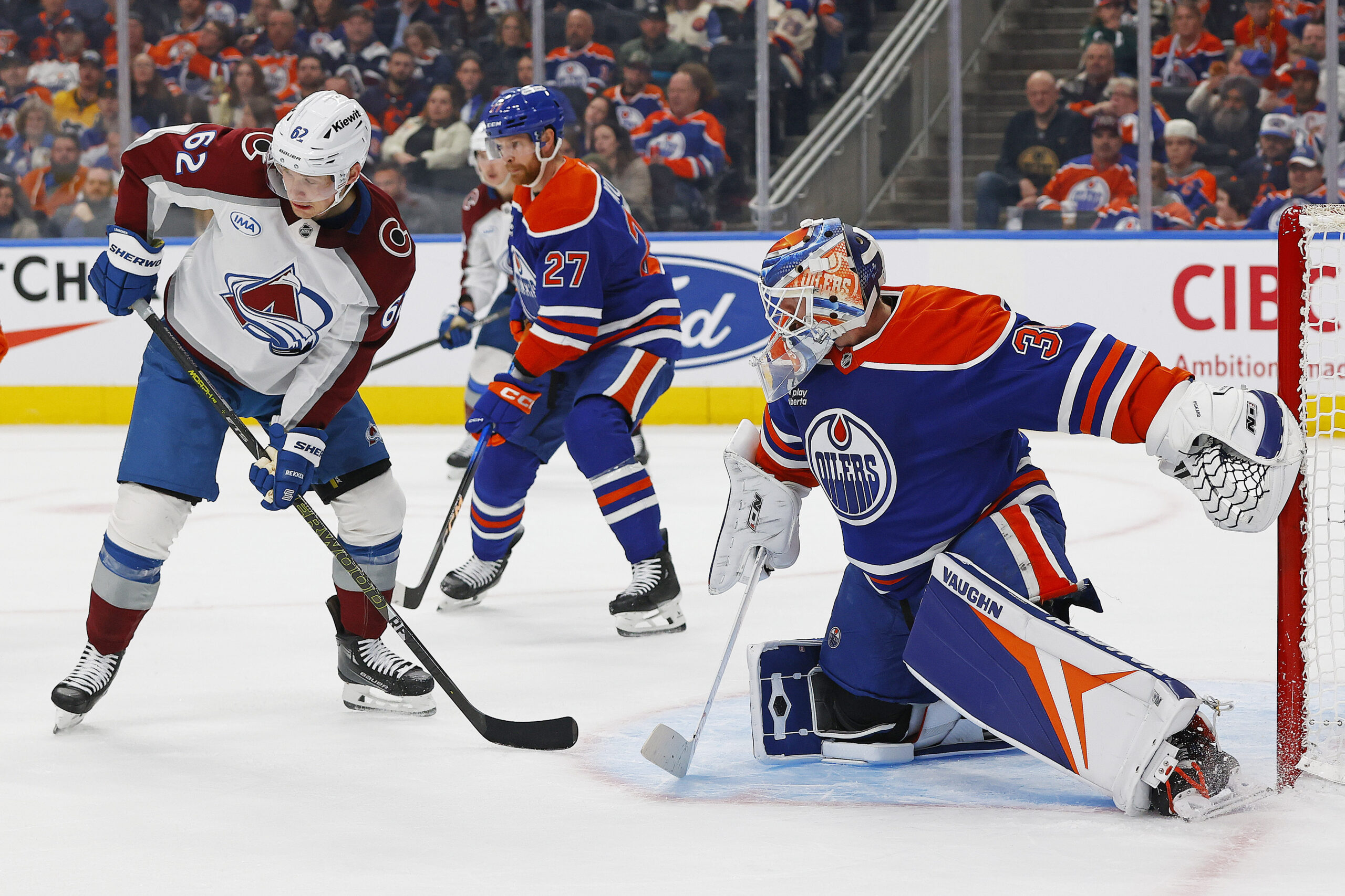 Nov 8, 2025; Edmonton, Alberta, CAN; Colorado Avalanche forward Arthur Lehkonen (62) looks for the puck in front of Edmonton Oilers goaltender Calvin Pickard (30) during the second period at Rogers Place. Mandatory Credit: Perry Nelson-Imagn Images