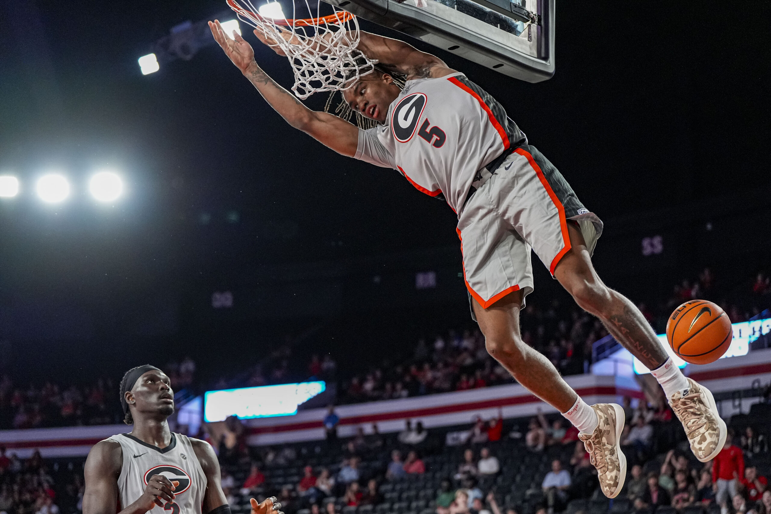Nov 9, 2025; Athens, Georgia, USA; Georgia Bulldogs guard Jeremiah Wilkinson (5) dunks the ball against the Morehead State Eagles during the first half at Stegeman Coliseum. Mandatory Credit: Dale Zanine-Imagn Images