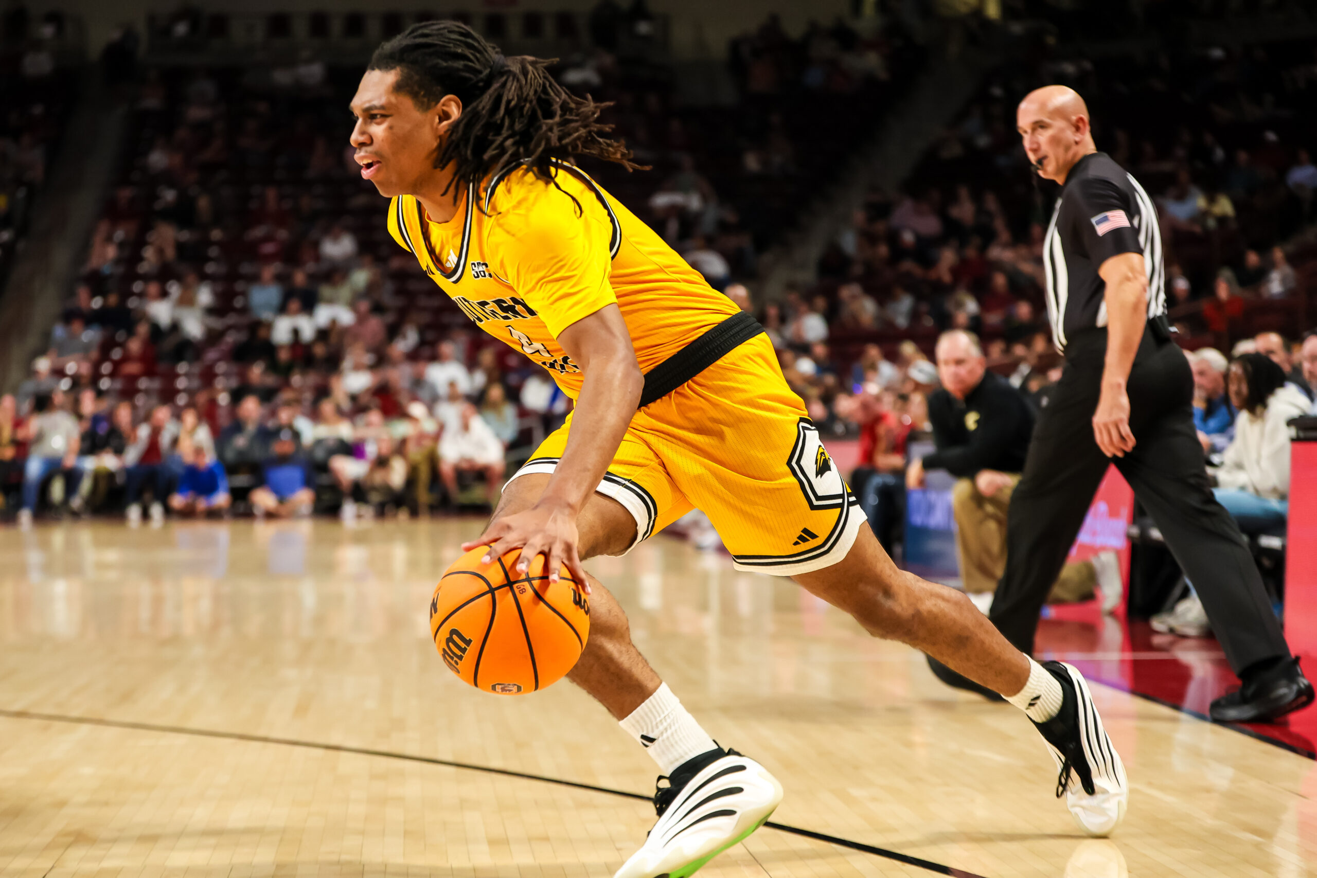 Nov 9, 2025; Columbia, South Carolina, USA; Southern Mississippi Golden Eagles forward Tylik Weeks (4) drives against the South Carolina Gamecocks in the second half at Colonial Life Arena. Mandatory Credit: Jeff Blake-Imagn Images