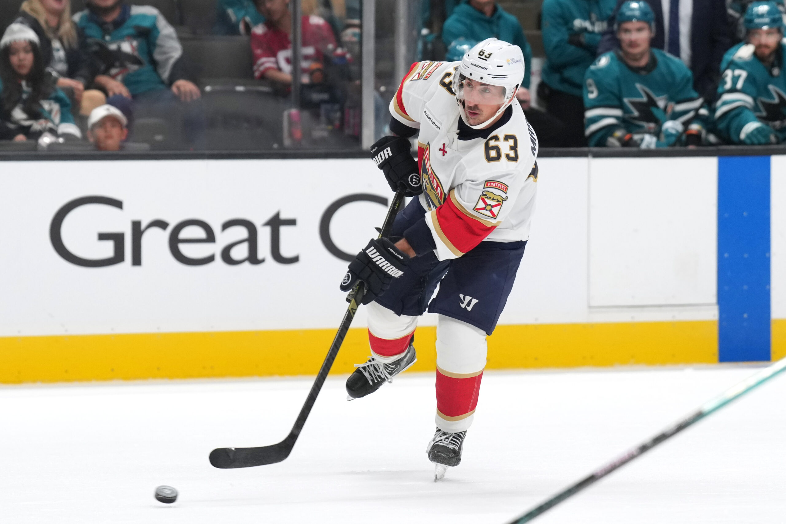 Nov 8, 2025; San Jose, California, USA; Florida Panthers left wing Brad Marchand (63) during the third period against the San Jose Sharks at SAP Center at San Jose. Mandatory Credit: Darren Yamashita-Imagn Images