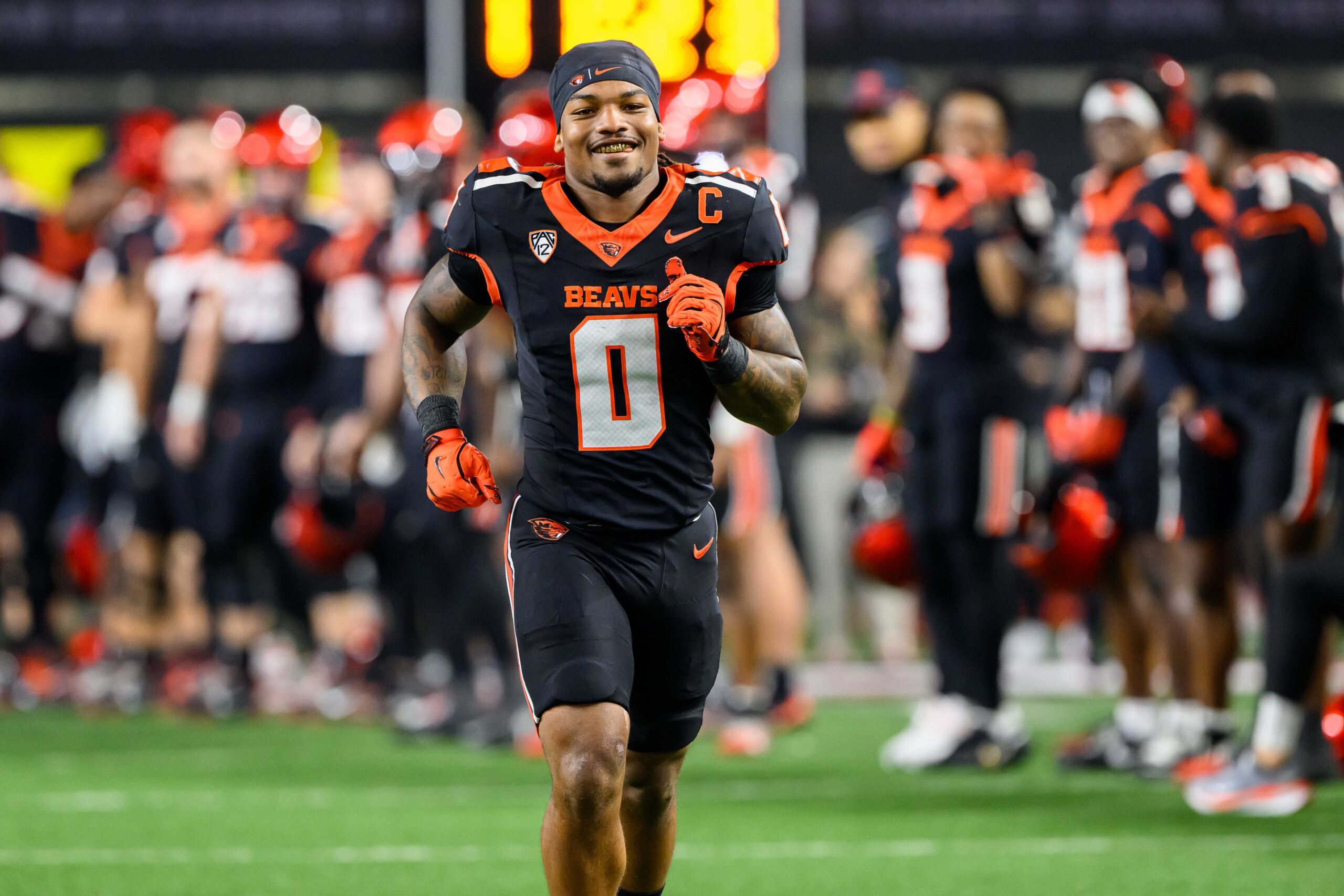 Nov 8, 2025; Corvallis, Oregon, USA; Oregon State Beavers running back Anthony Hankerson (0) is recognized on the field during senior ceremonies before the game against the Sam Houston Bearkats at Reser Stadium. Mandatory Credit: Craig Strobeck-Imagn Images