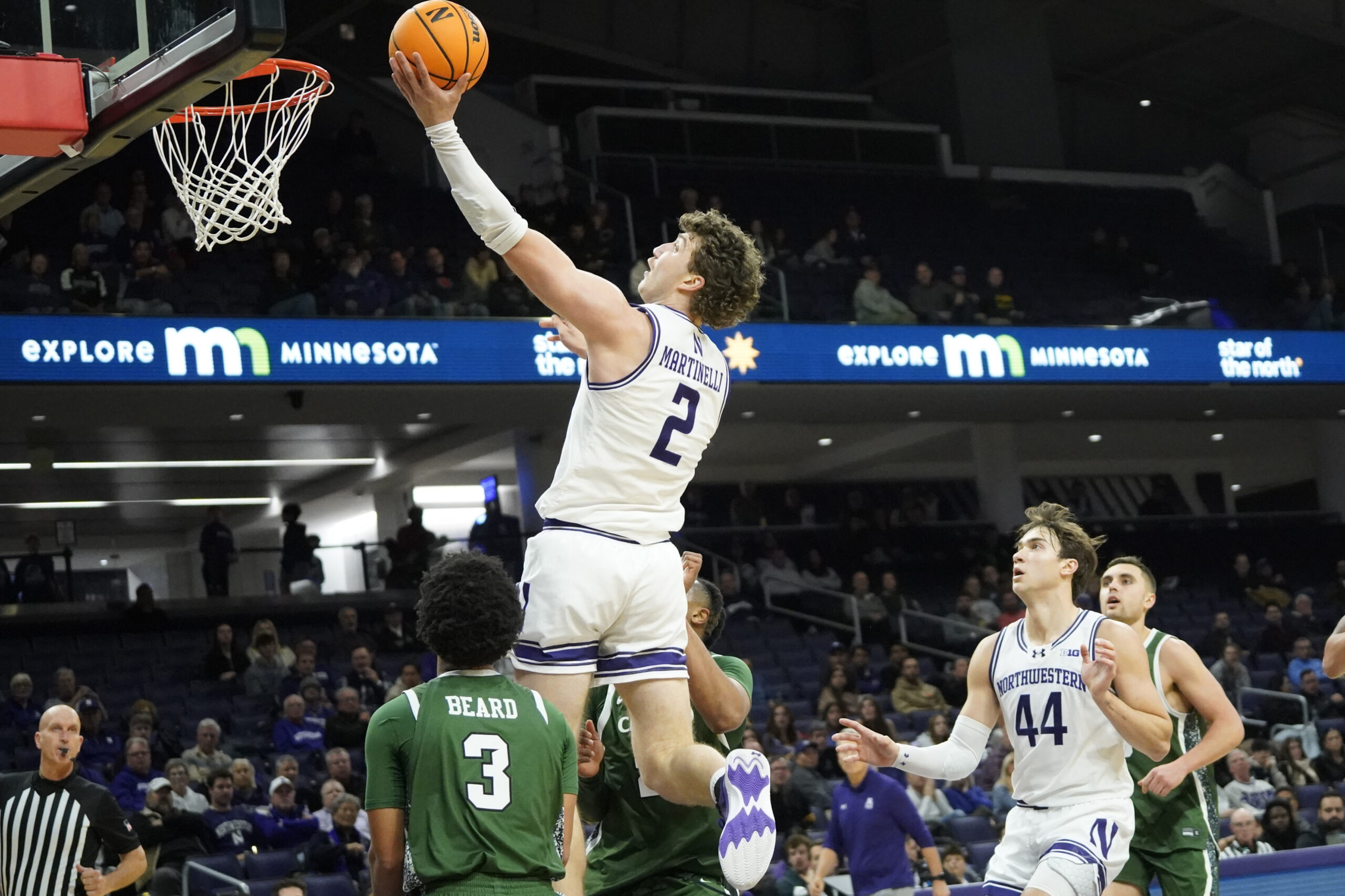 Nov 10, 2025; Evanston, Illinois, USA; Northwestern Wildcats forward Nick Martinelli (2) drives to the basket against the Cleveland State Vikings during the second half at Welsh-Ryan Arena. Mandatory Credit: David Banks-Imagn Images