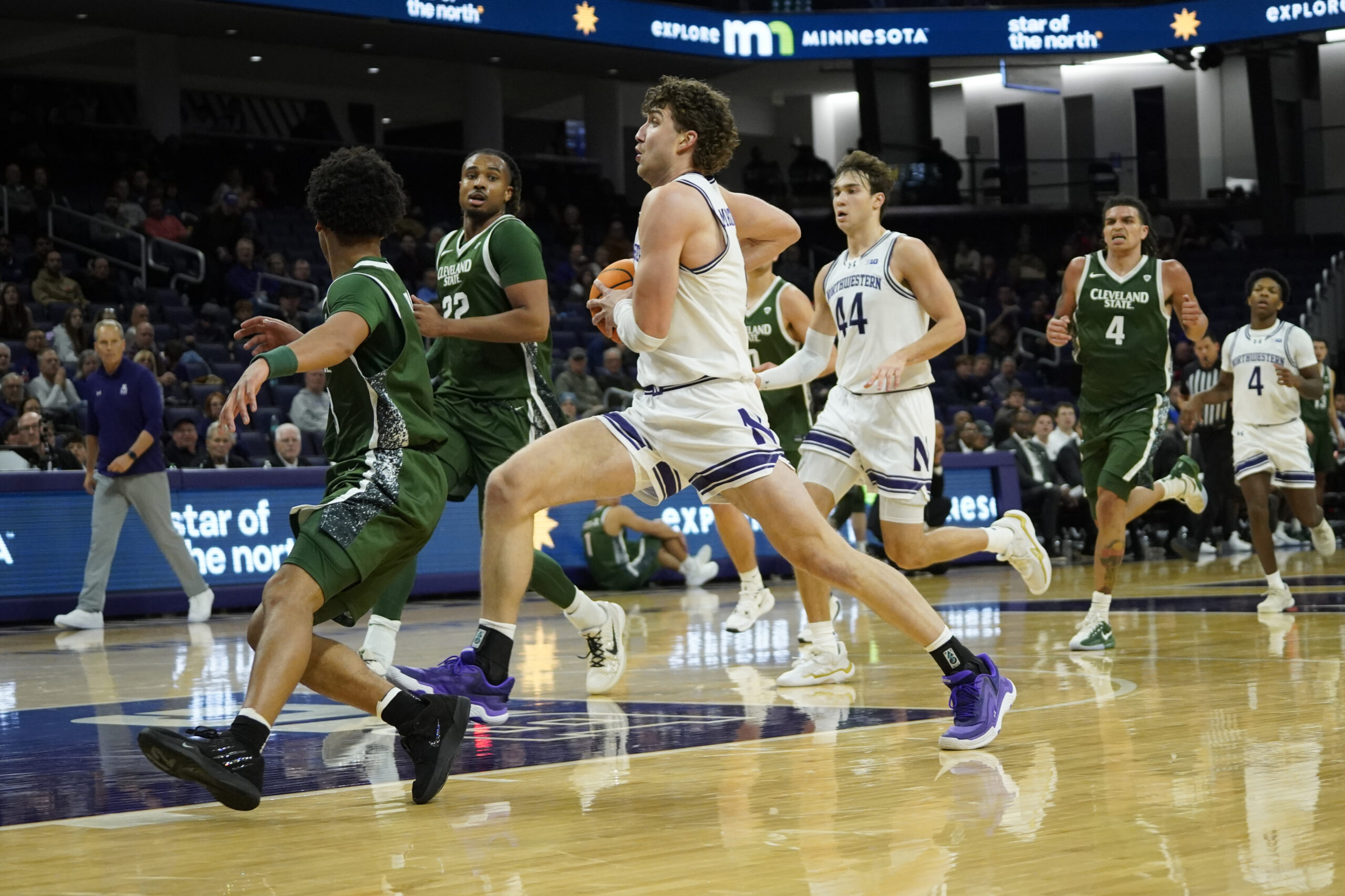 Nov 10, 2025; Evanston, Illinois, USA; Northwestern Wildcats forward Nick Martinelli (2) drives to the basket against the Cleveland State Vikings during the second half at Welsh-Ryan Arena. Mandatory Credit: David Banks-Imagn Images