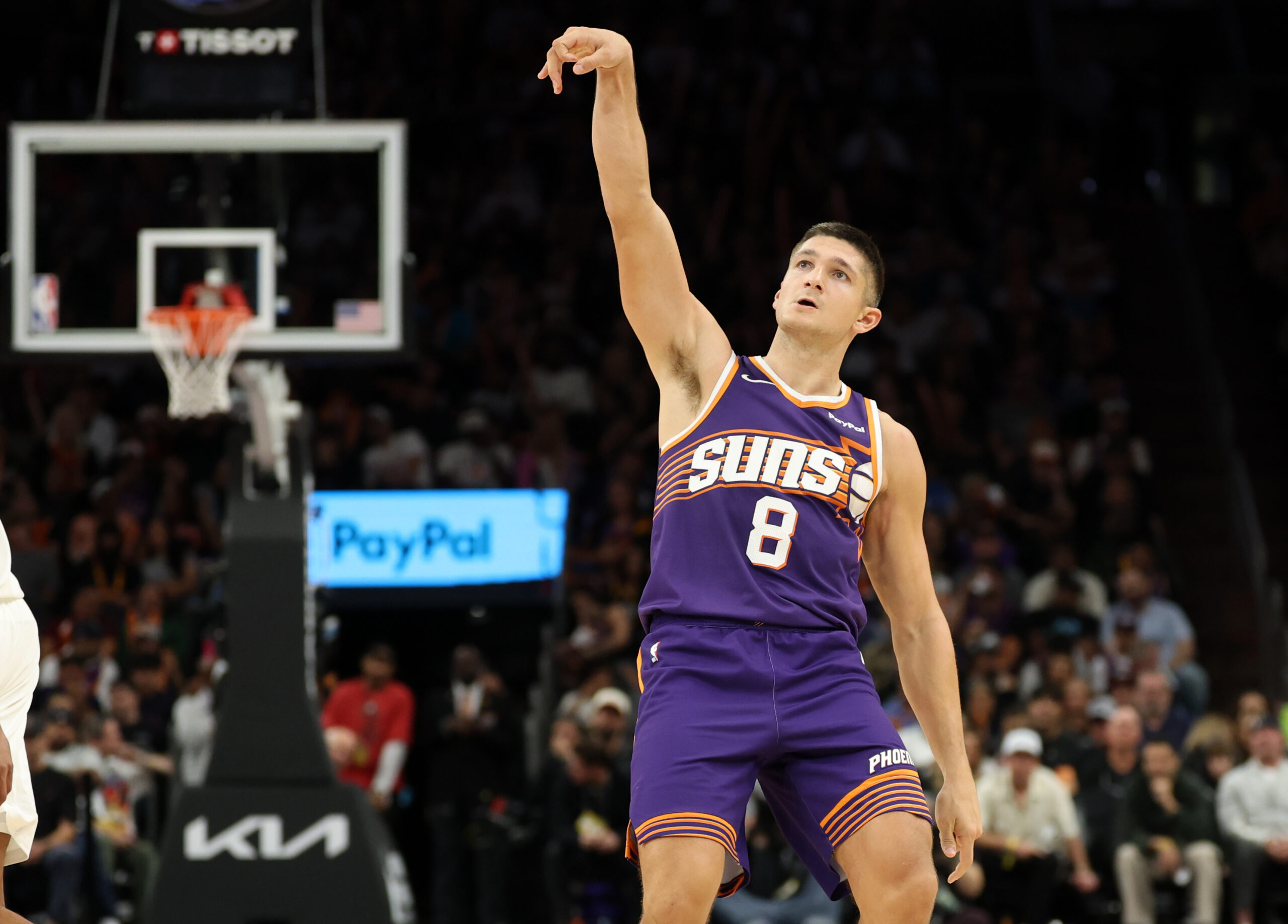 Nov 10, 2025; Phoenix, Arizona, USA; Phoenix Suns guard Grayson Allen (8) shoots a three pointer against the New Orleans Pelicans in the second half at the Mortgage Matchup Center. Mandatory Credit: Mark J. Rebilas-Imagn Images