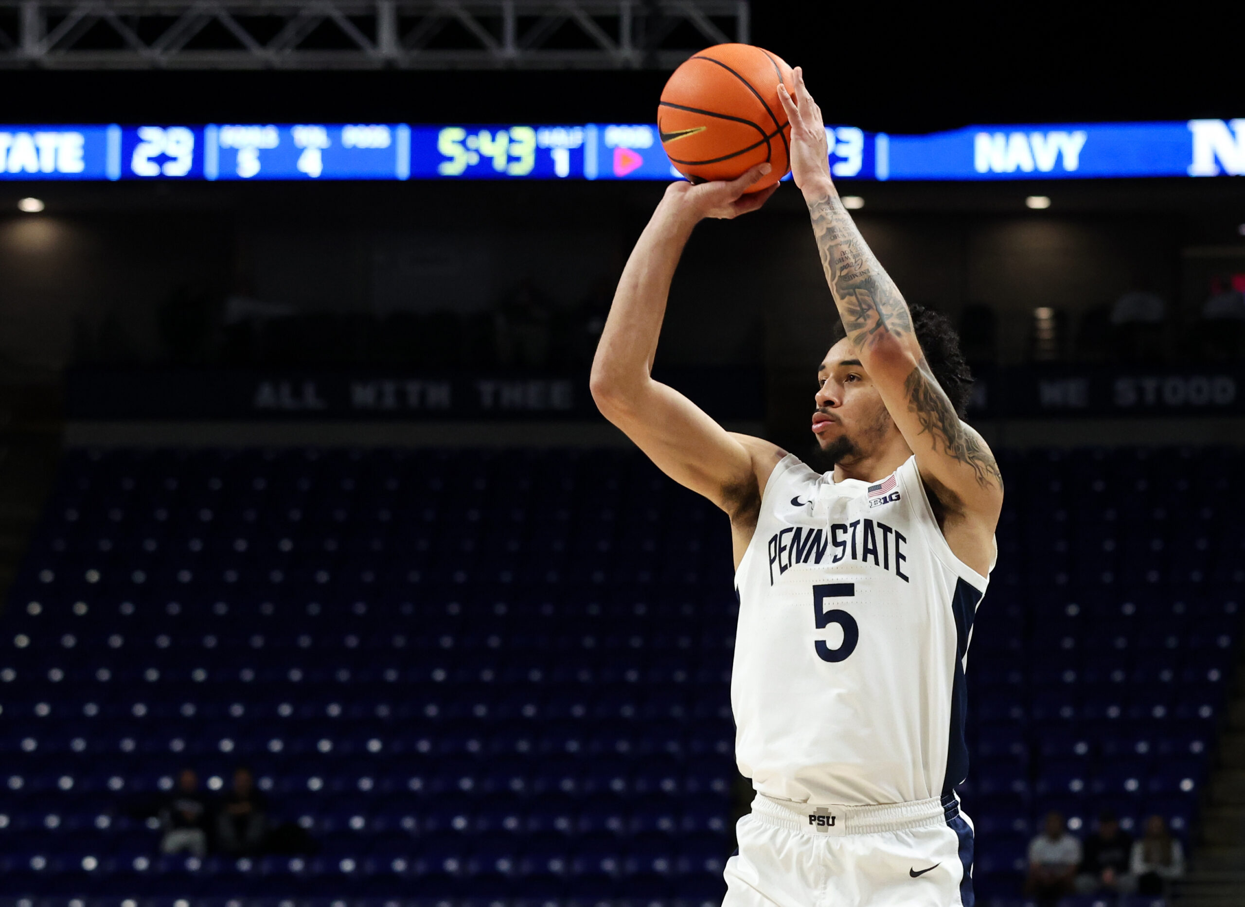 Nov 11, 2025; University Park, Pennsylvania, USA; Penn State Nittany Lions guard Freddie Dilione V (5) shoots the ball during the first half against the Navy Midshipmen at Bryce Jordan Center. Mandatory Credit: Matthew O'Haren-Imagn Images