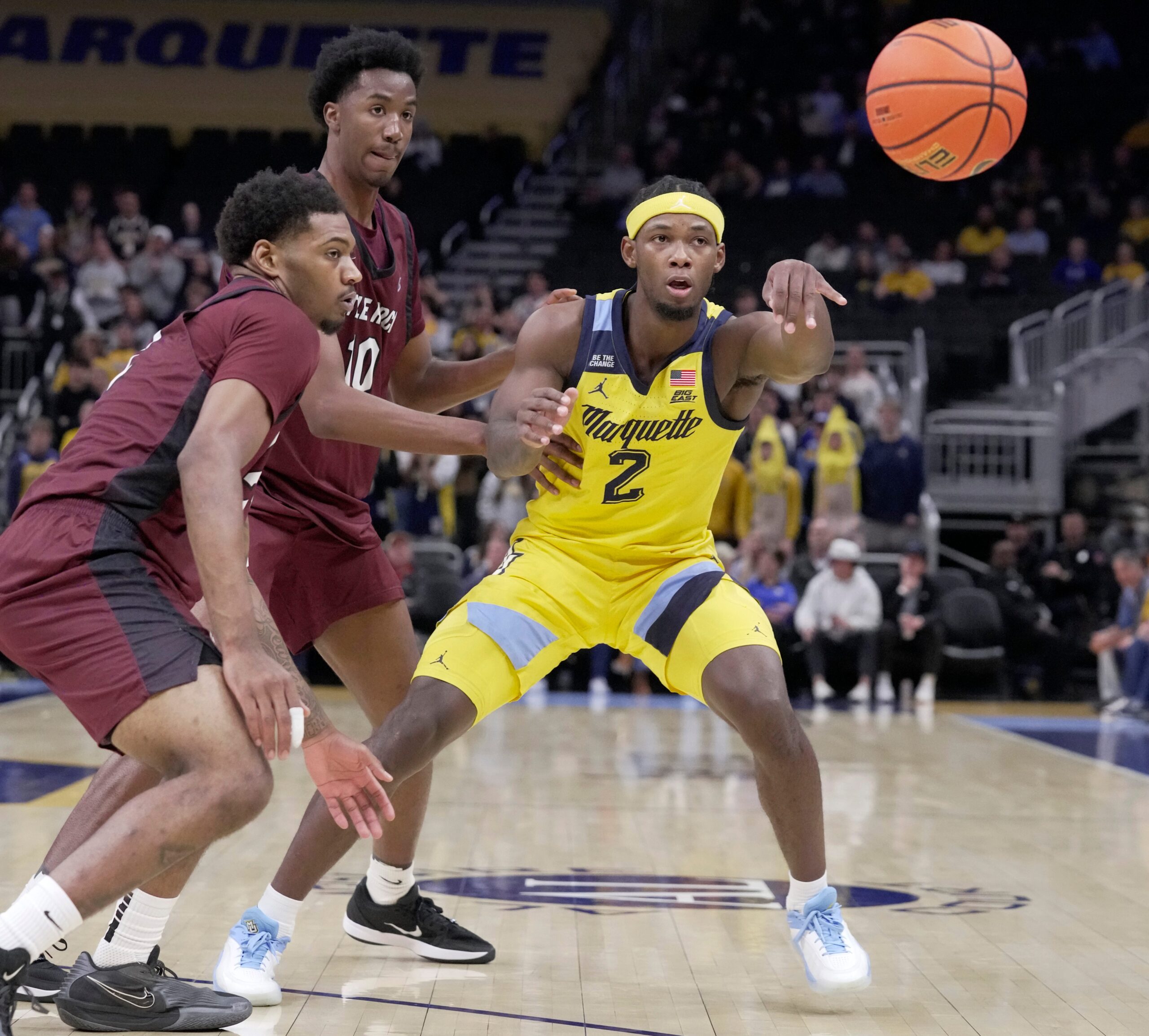 Marquette guard Chase Ross (2) passes the ball during the first half of their game against Little Rock Wednesday, November 12, 2025 at Fiserv Forum in Milwaukee, Wisconsin.
