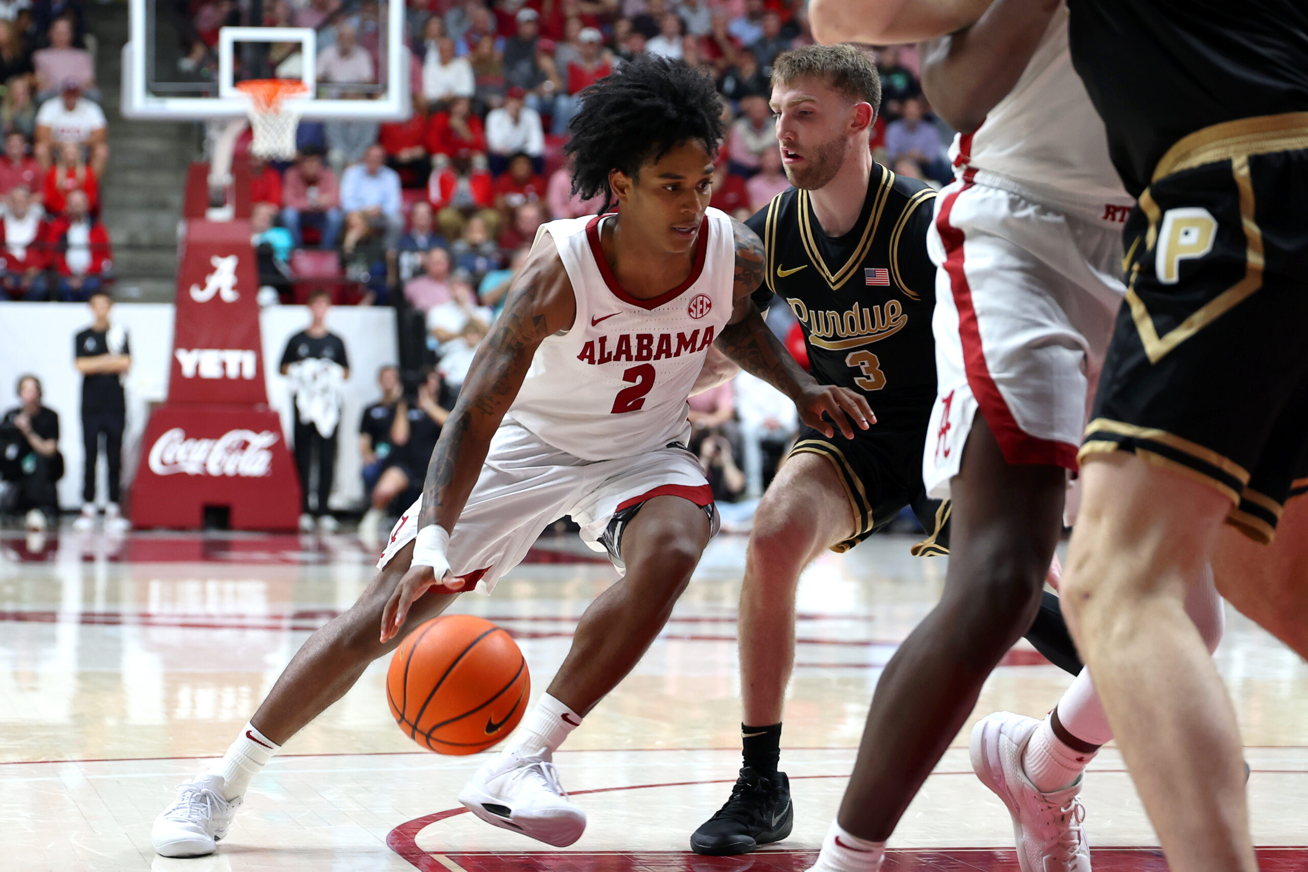 Nov 13, 2025; Tuscaloosa, Alabama, USA; Purdue Boilermakers guard Braden Smith (3) guards Alabama Crimson Tide guard Aden Holloway (2) during the second half at Coleman Coliseum. Mandatory Credit: David Leong-Imagn Images