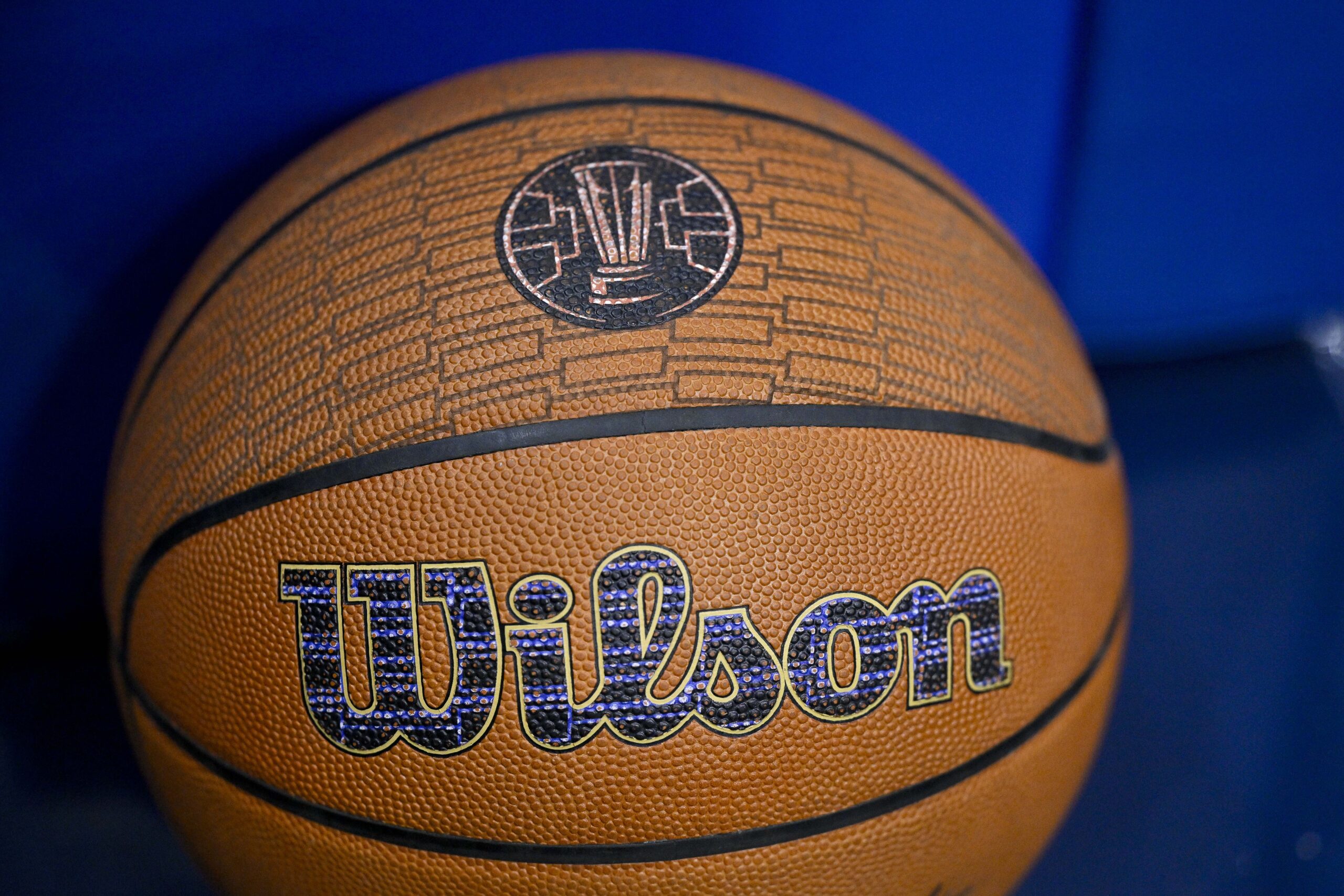 Nov 14, 2025; Dallas, Texas, USA; A detailed view of a Wilson basketball before the game between the Dallas Mavericks and the LA Clippers in an NBA Cup game at the American Airlines Center. Mandatory Credit: Jerome Miron-Imagn Images