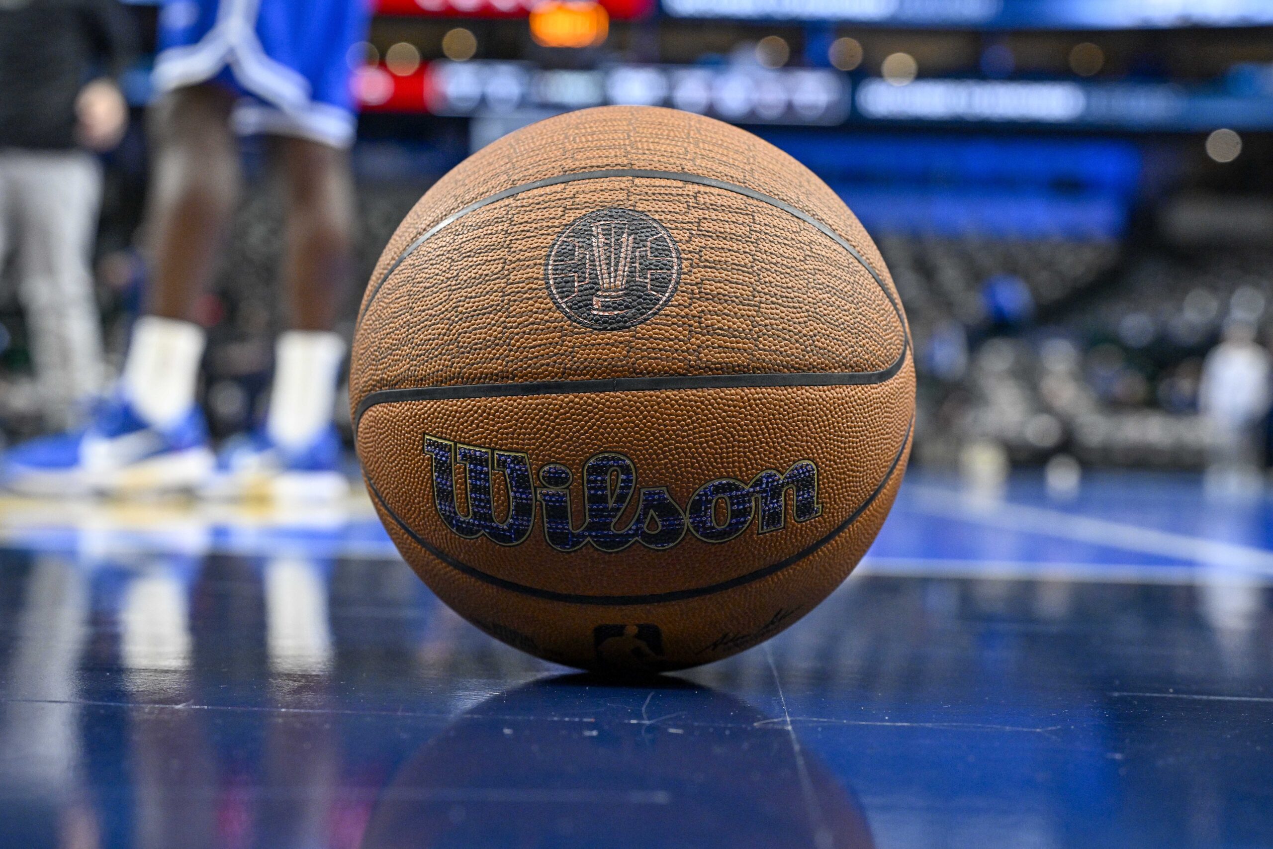 Nov 14, 2025; Dallas, Texas, USA; A detailed view of a Wilson basketball before the game between the Dallas Mavericks and the LA Clippers in an NBA Cup game at the American Airlines Center. Mandatory Credit: Jerome Miron-Imagn Images