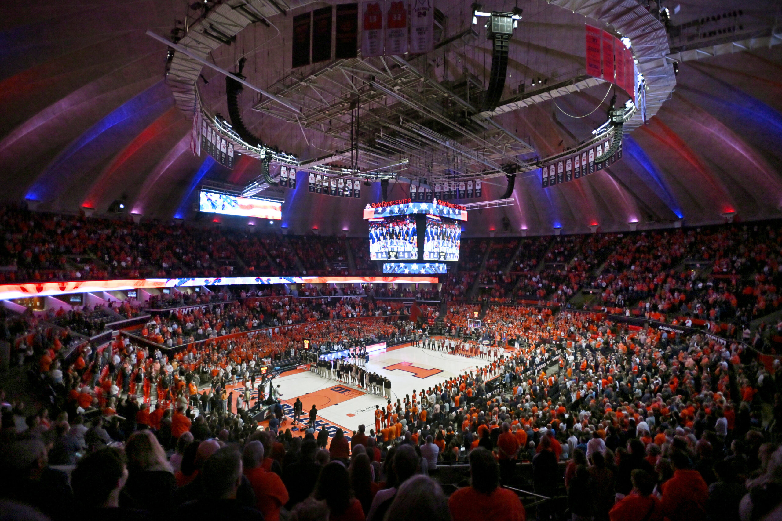 Nov 14, 2025; Champaign, Illinois, USA; A general view of State Farm Center before the tip with the Colgate Raiders Mandatory Credit: Ron Johnson-Imagn Images