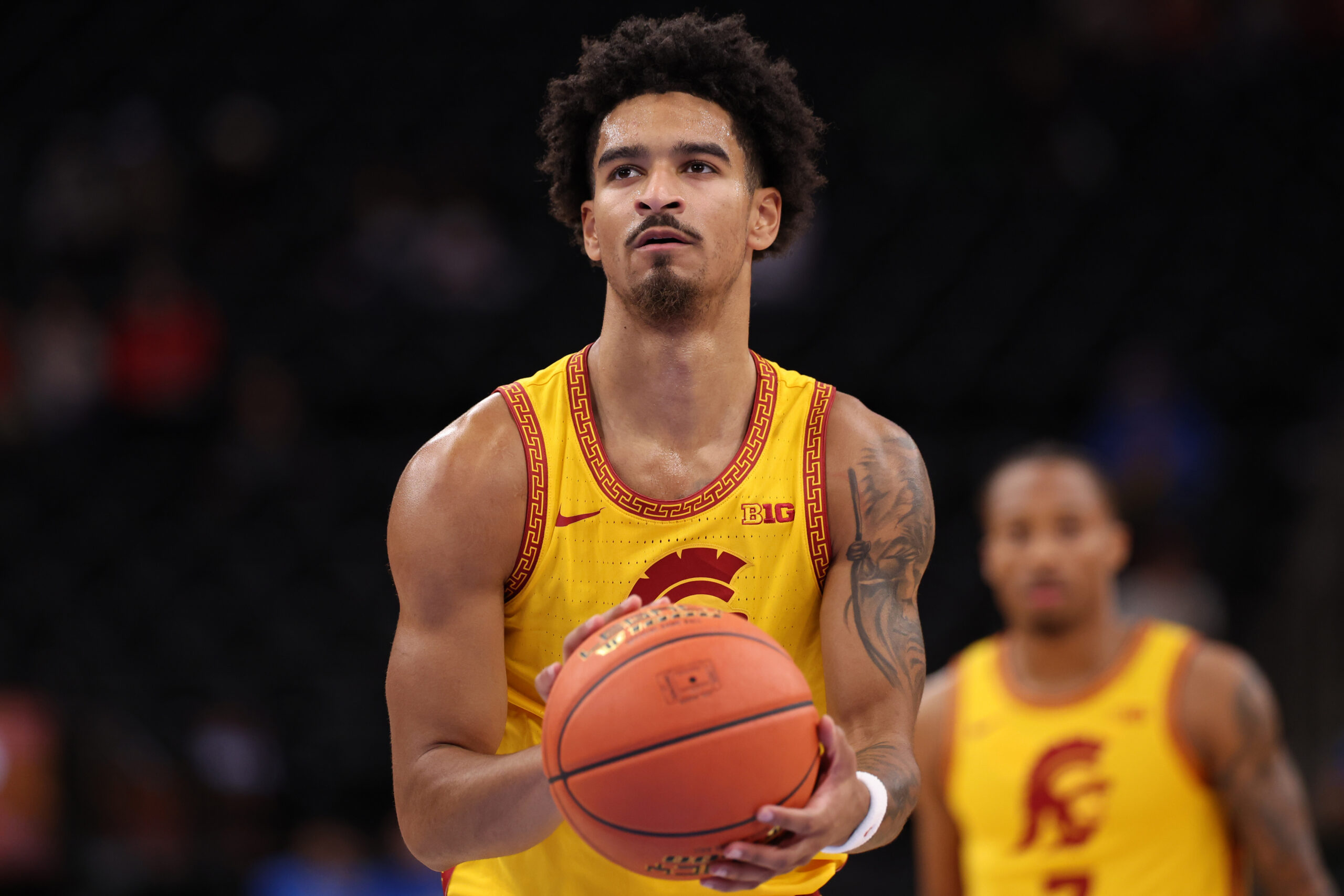 Nov 14, 2025; Inglewood, California, USA; Southern California Trojans guard Rodney Rice (1) shoots a free throw during the first half of the Hall of Fame Series game against the Illinois State Redbirds at Intuit Dome. Mandatory Credit: Kiyoshi Mio-Imagn Images
