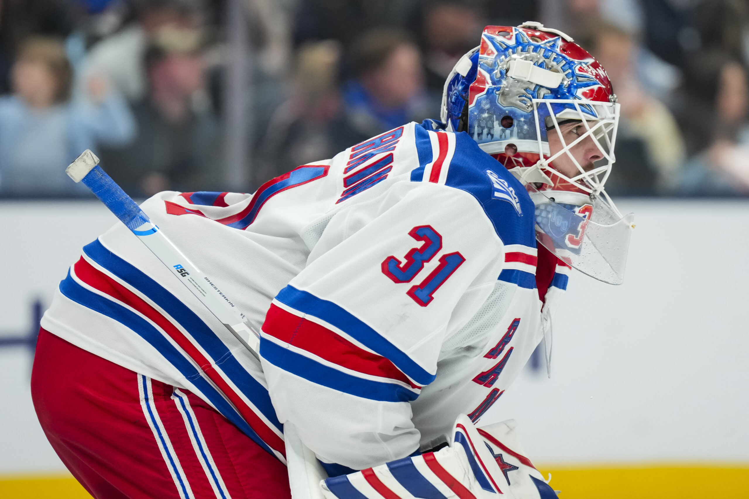 Nov 15, 2025; Columbus, Ohio, USA; New York Rangers goaltender Igor Shesterkin (31) defends the net against the Columbus Blue Jackets in the second period at Nationwide Arena. Mandatory Credit: Aaron Doster-Imagn Images