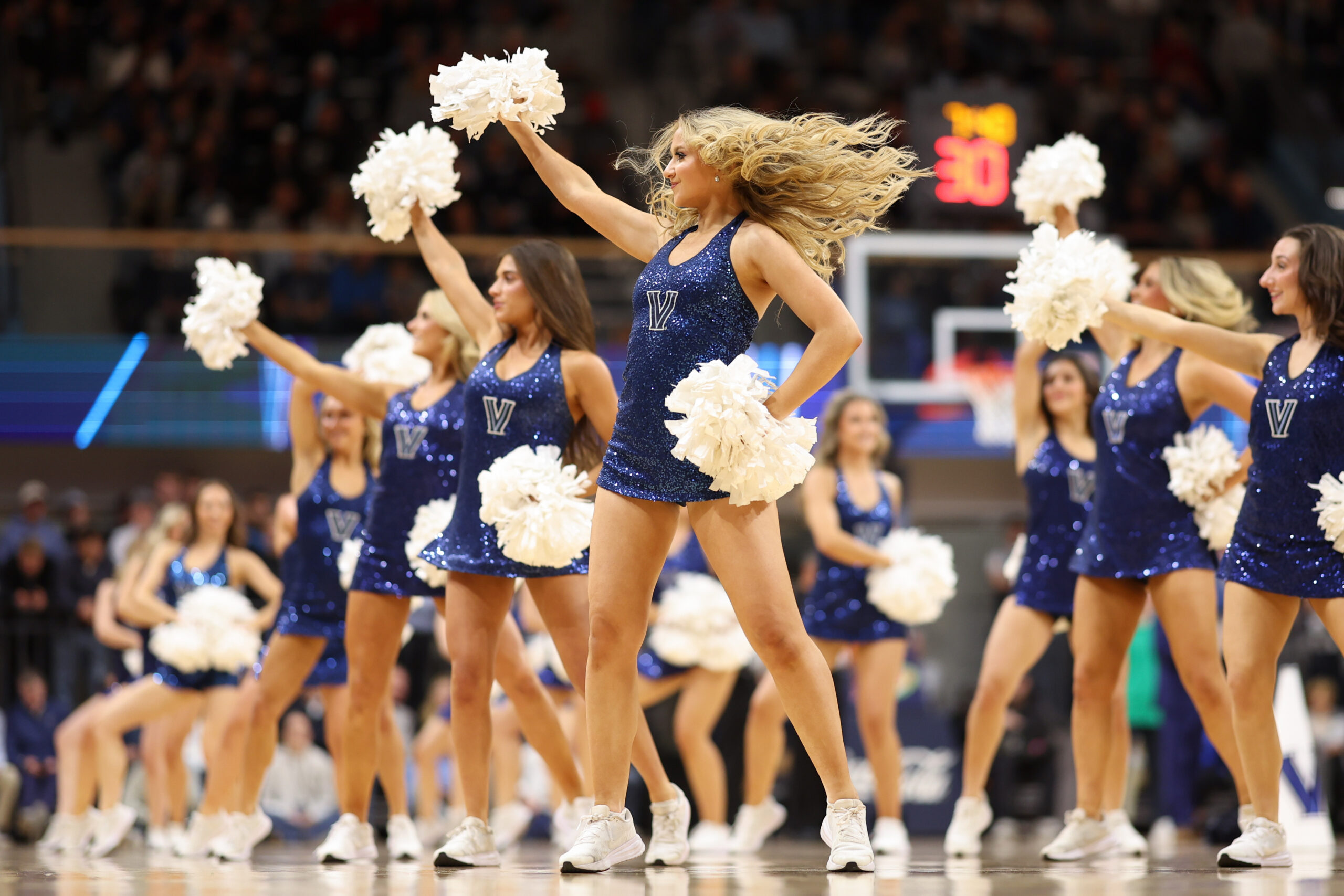 Nov 15, 2025; Villanova, Pennsylvania, USA; Villanova Wildcat dancers perform during the second half against the Duquesne Dukes at William B. Finneran Pavilion. Mandatory Credit: Bill Streicher-Imagn Images