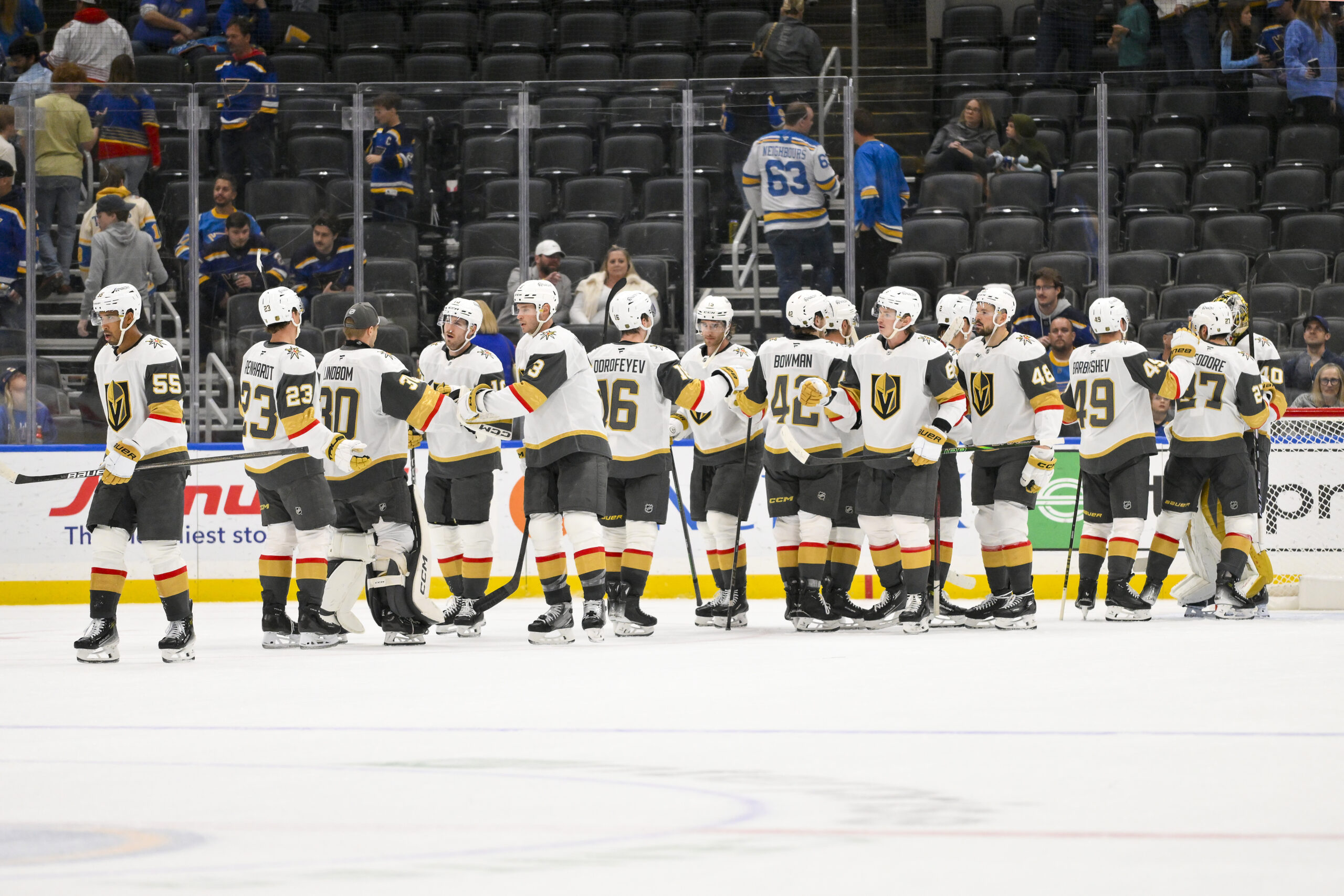 Nov 15, 2025; St. Louis, Missouri, USA; Vegas Golden Knights celebrate after they defeated the St. Louis Blues at Enterprise Center. Mandatory Credit: Jeff Curry-Imagn Images