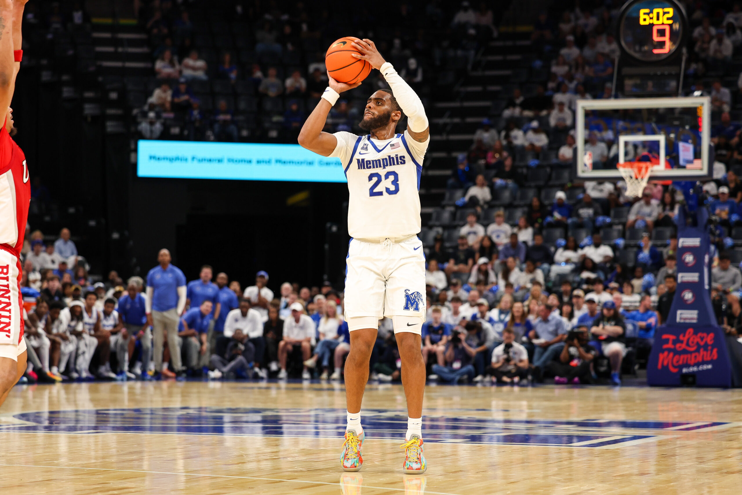 Nov 16, 2025; Memphis, Tennessee, USA; Memphis Tigers guard Sincere Parker (23) shoots the ball against the UNLV Rebels during the first half at FedExForum. Mandatory Credit: Wesley Hale-Imagn Images