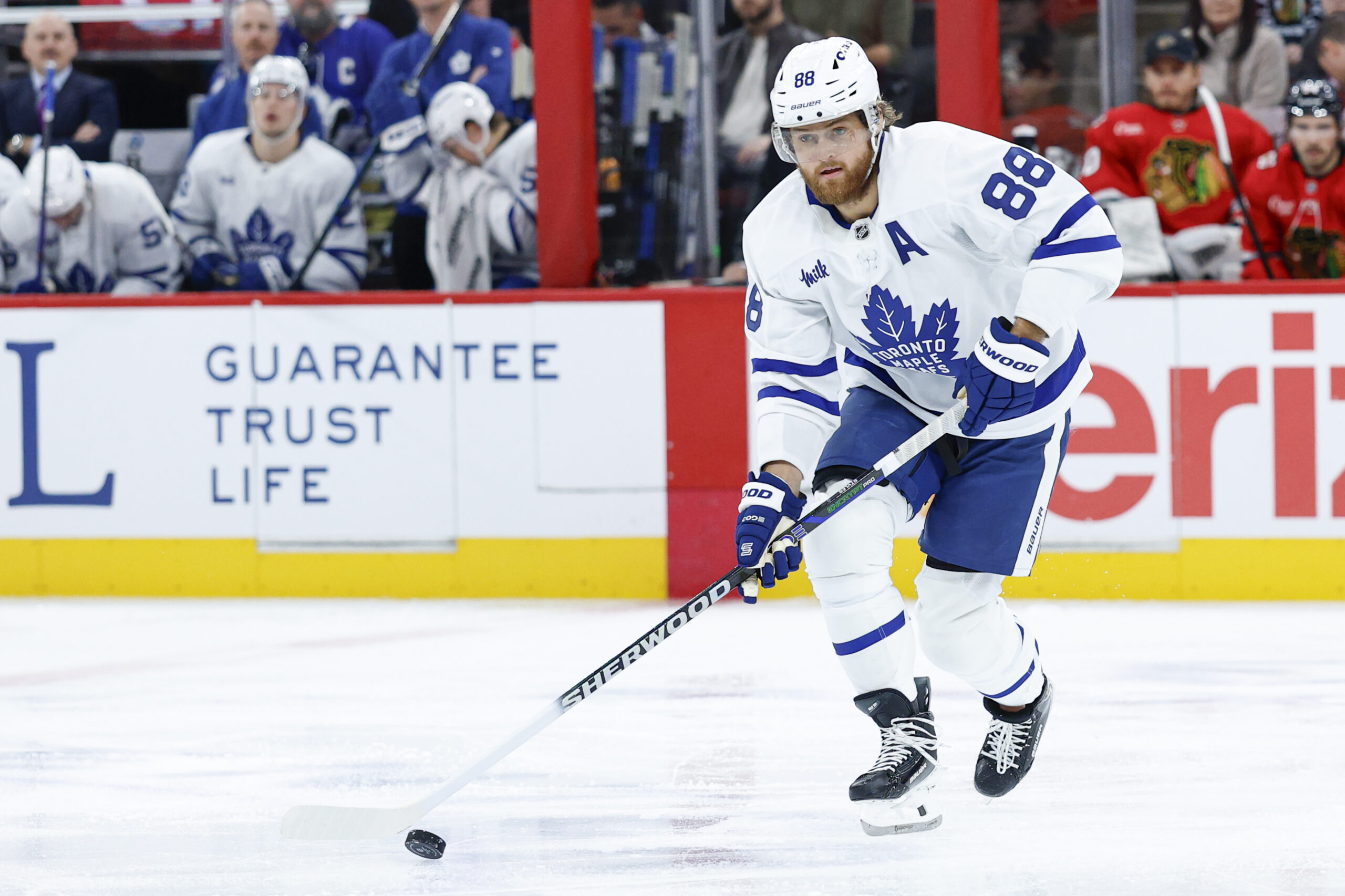Nov 15, 2025; Chicago, Illinois, USA; Toronto Maple Leafs right wing William Nylander (88) looks to pass the puck against the Chicago Blackhawks during the first period at United Center. Mandatory Credit: Kamil Krzaczynski-Imagn Images